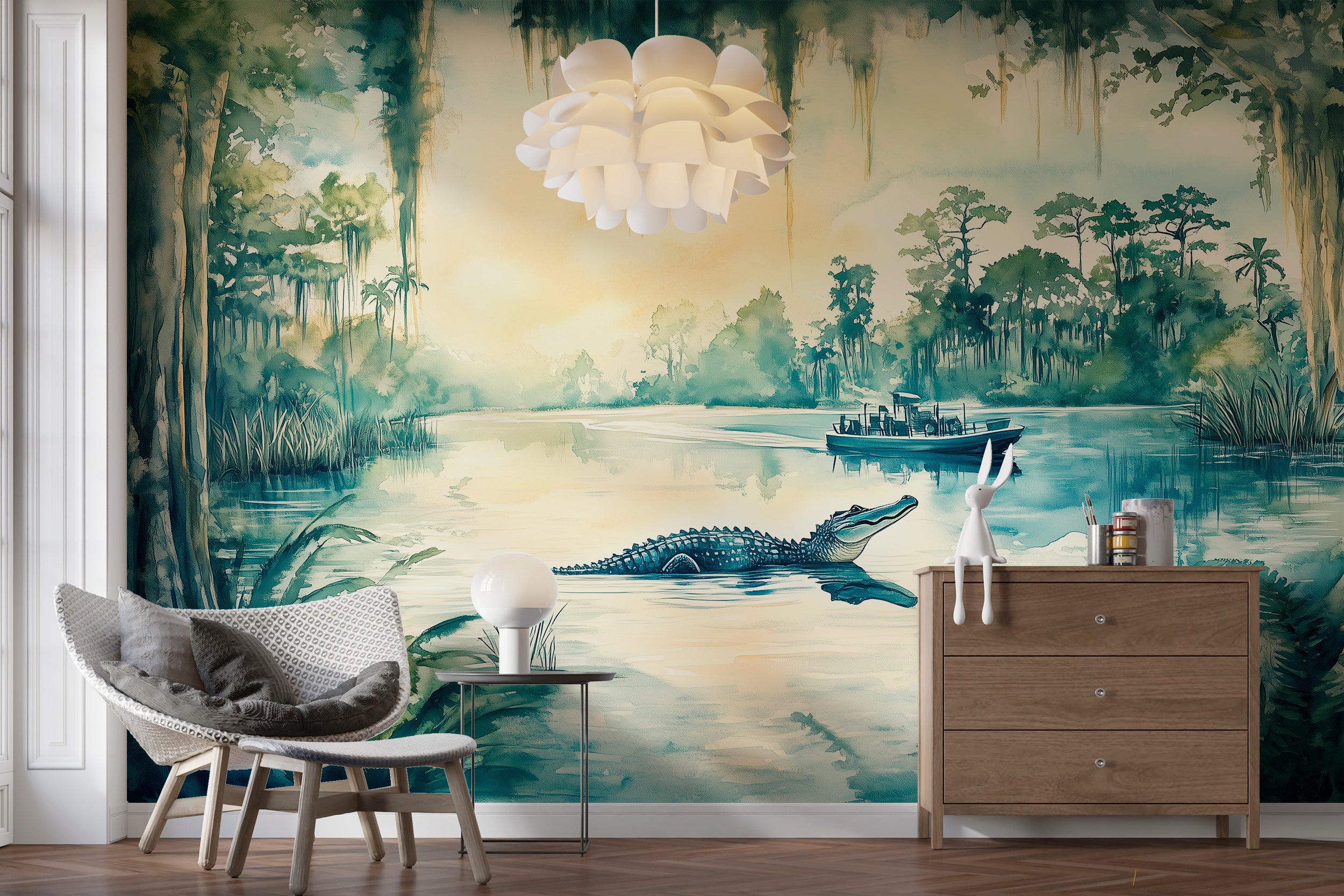 Vintage Scenic River Wall Mural, Peel and Stick Alligators in Wild Nature Wallpaper, Florida Jungle River Wall Mural