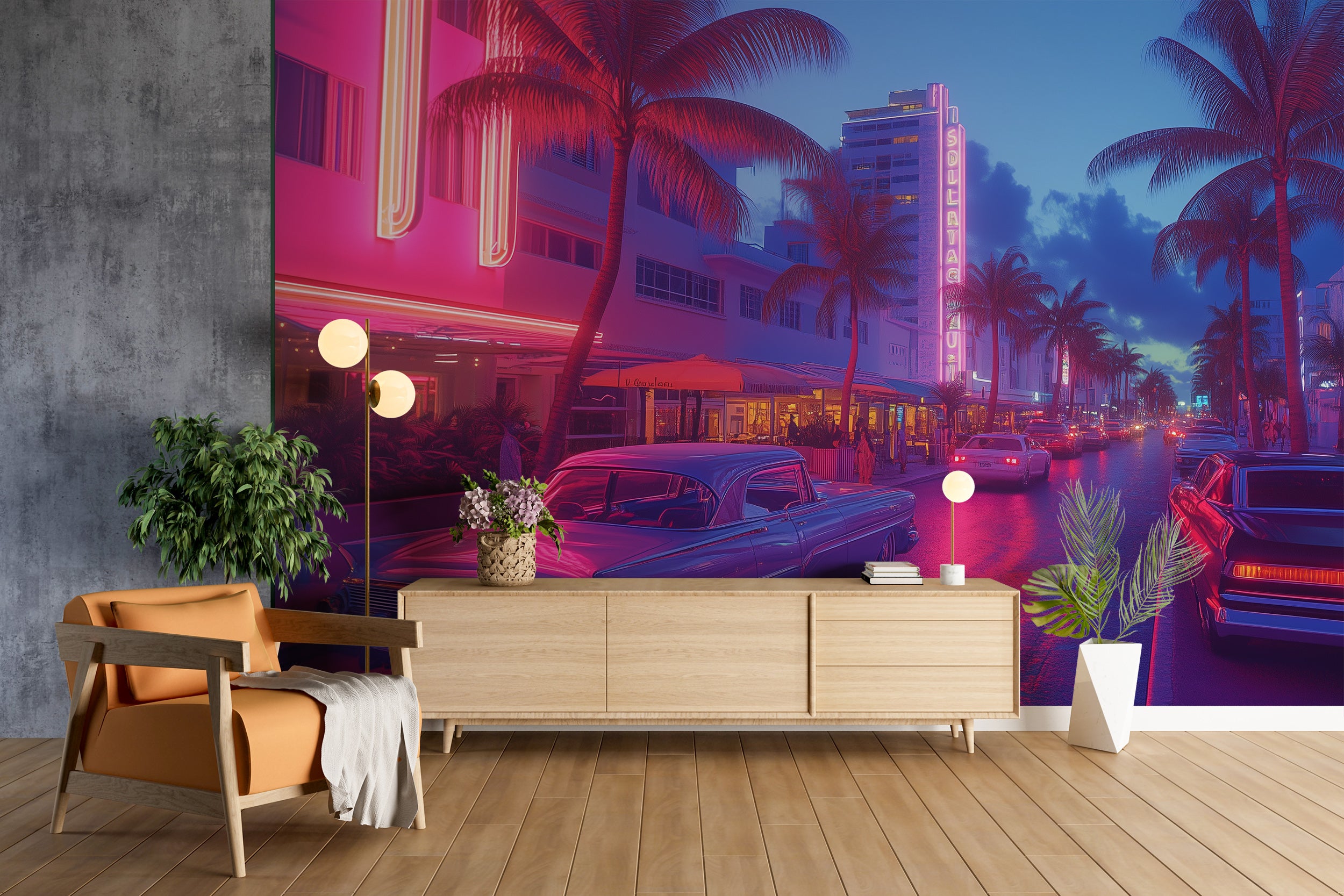 South Beach Florida Mural, Peel and Stick Neon Style Miami Street Wallpaper, Retro Cars in Miami Wall Art