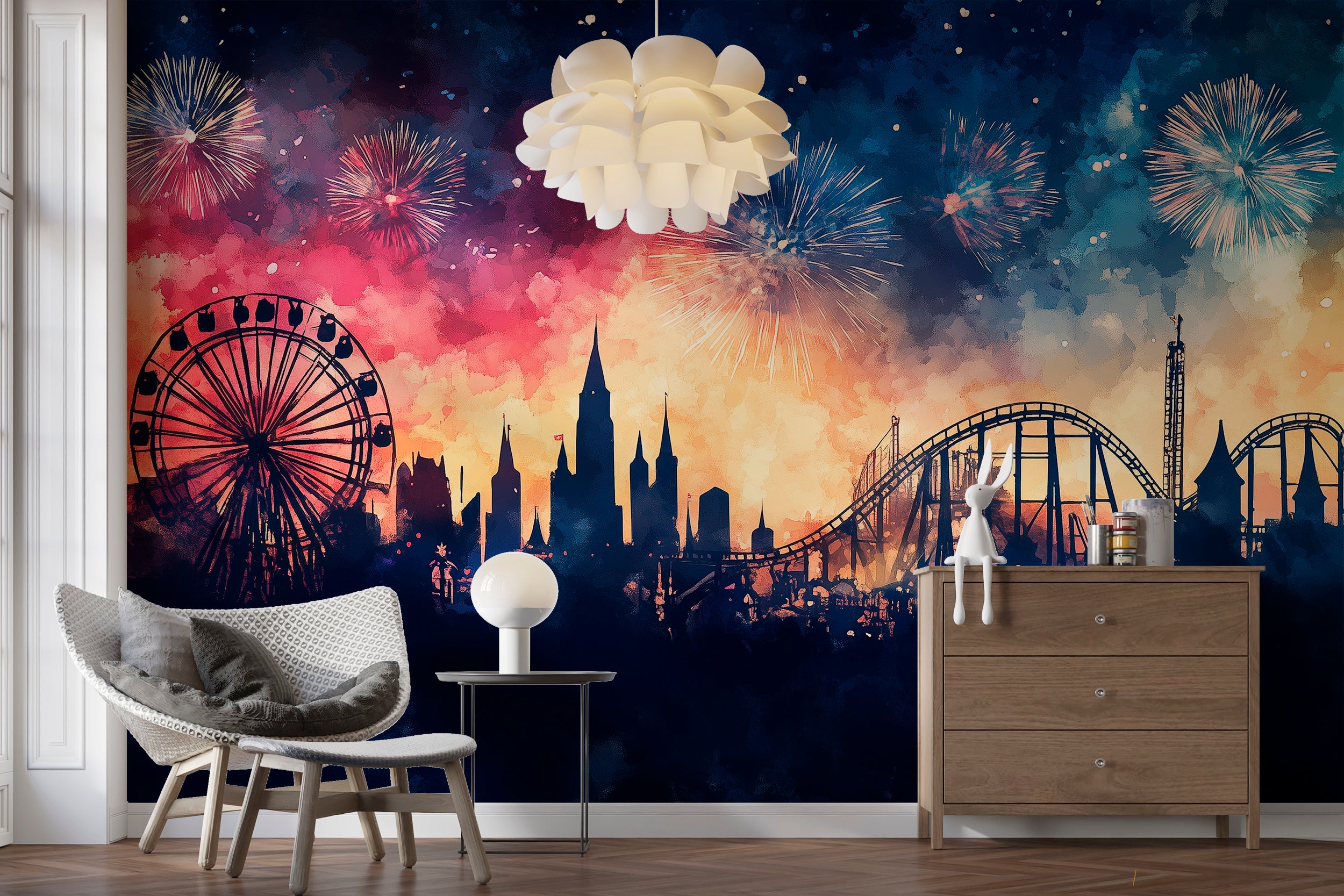 Ferris Wheel and Castle Wallpaper, Peel and Stick Florida Iconic Park View Mural, Fireworks Colorful Wall Art