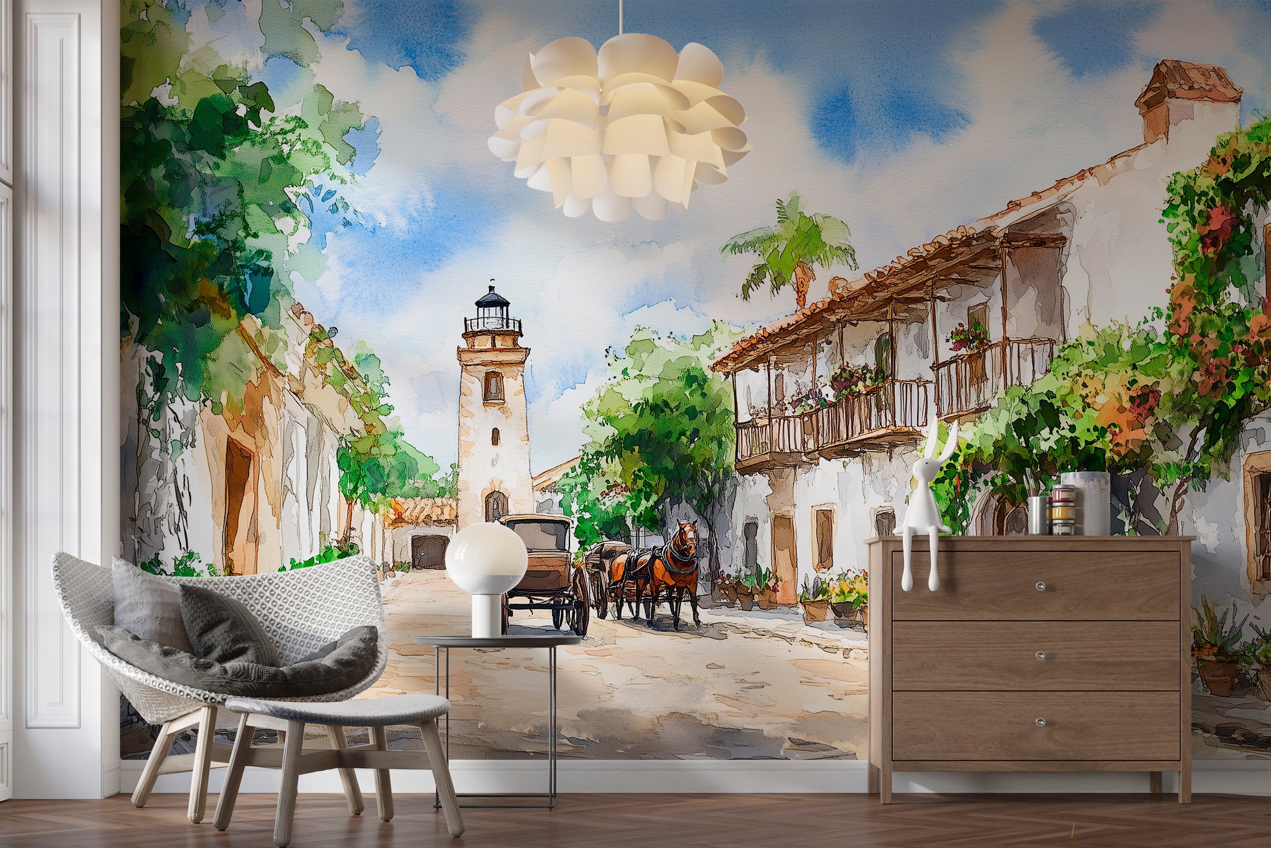 Old Town in Florida Wall Mural, Peel and Stick Watercolor Lighthouse Wallpaper, Vintage Accent Wall Art