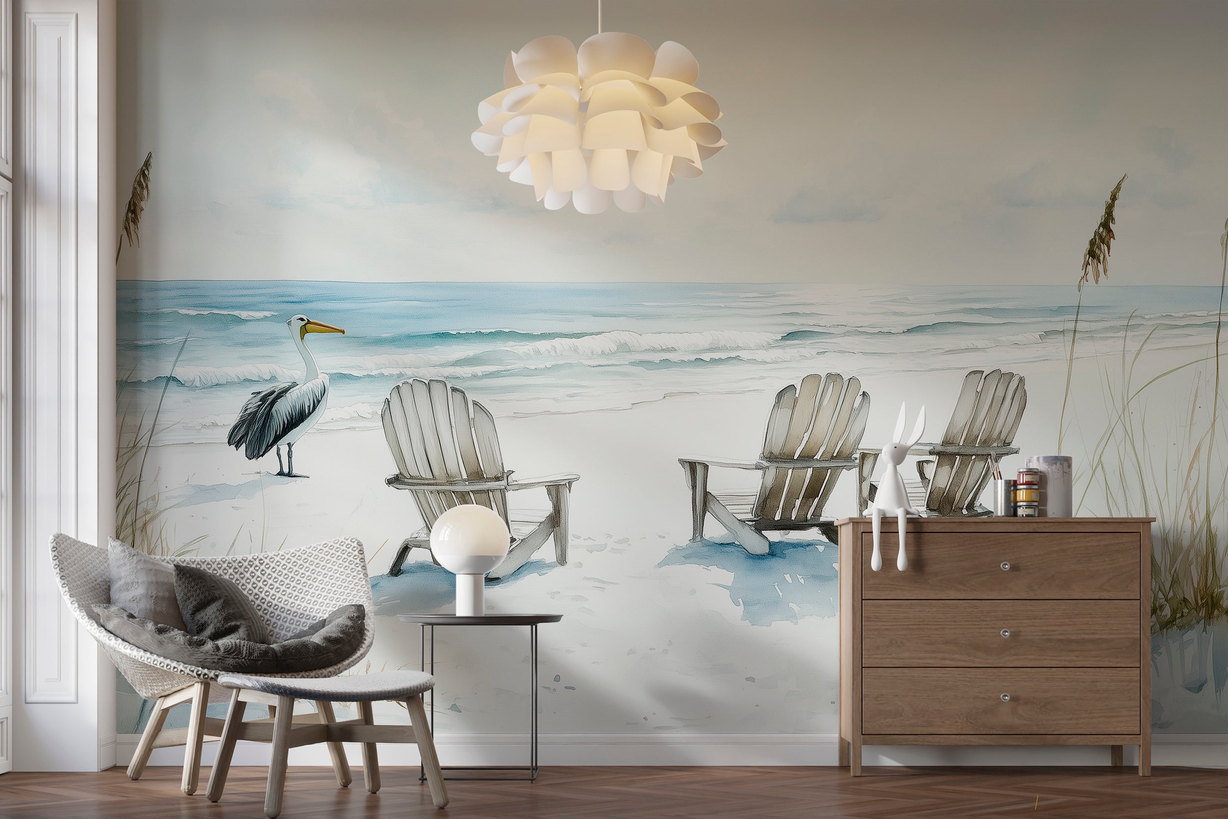 Pelicans on White Sand Beach Mural, Peel and Stick Calm Ocean Wallpaper, Florida Coastal Wall Decor