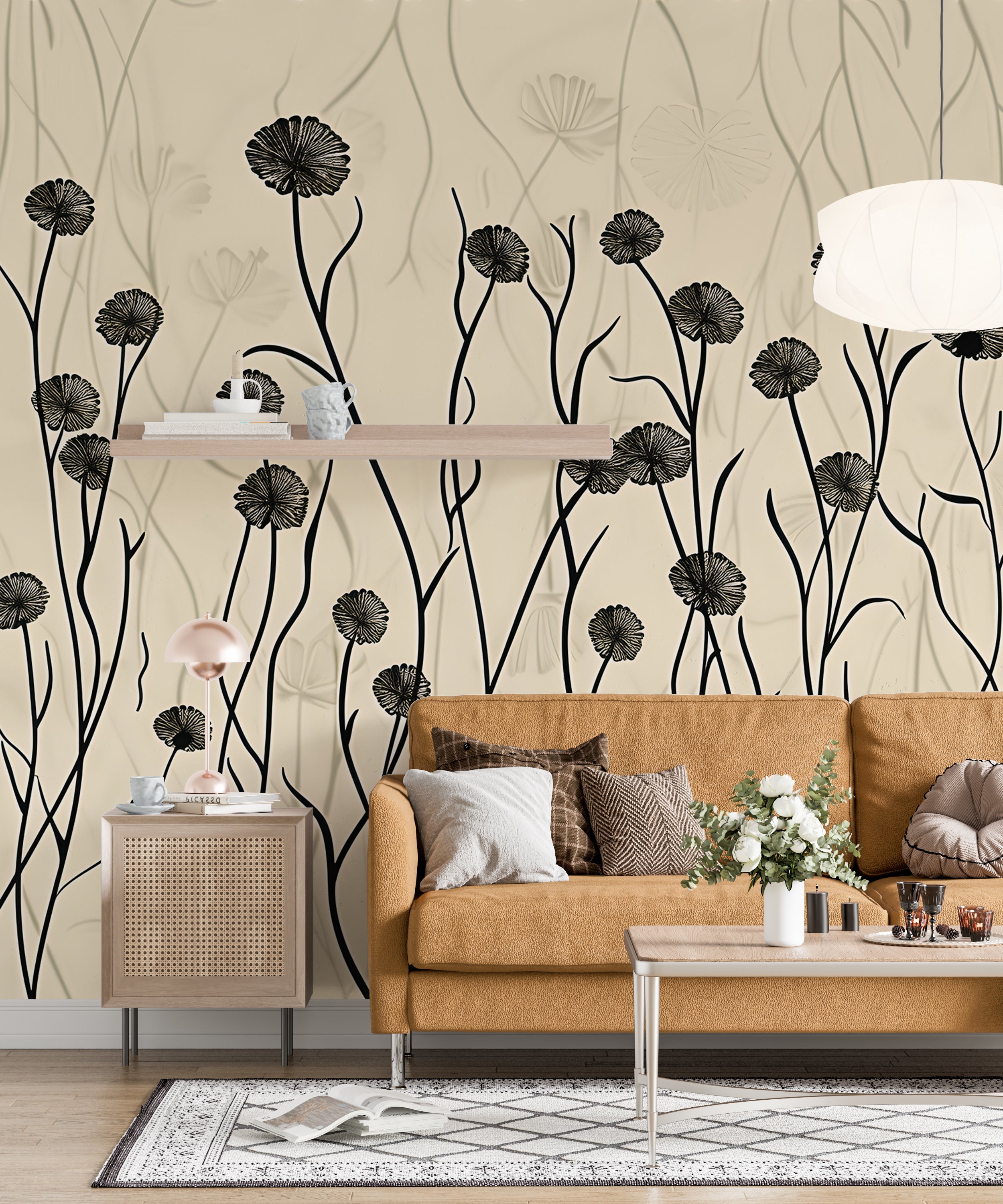 Beige Plants Wall Mural, Light Botanical Wallpaper, Abstract Floral Wall Decal, Peel and Stick Beige Flower Mural, Meadow Flowers Mural