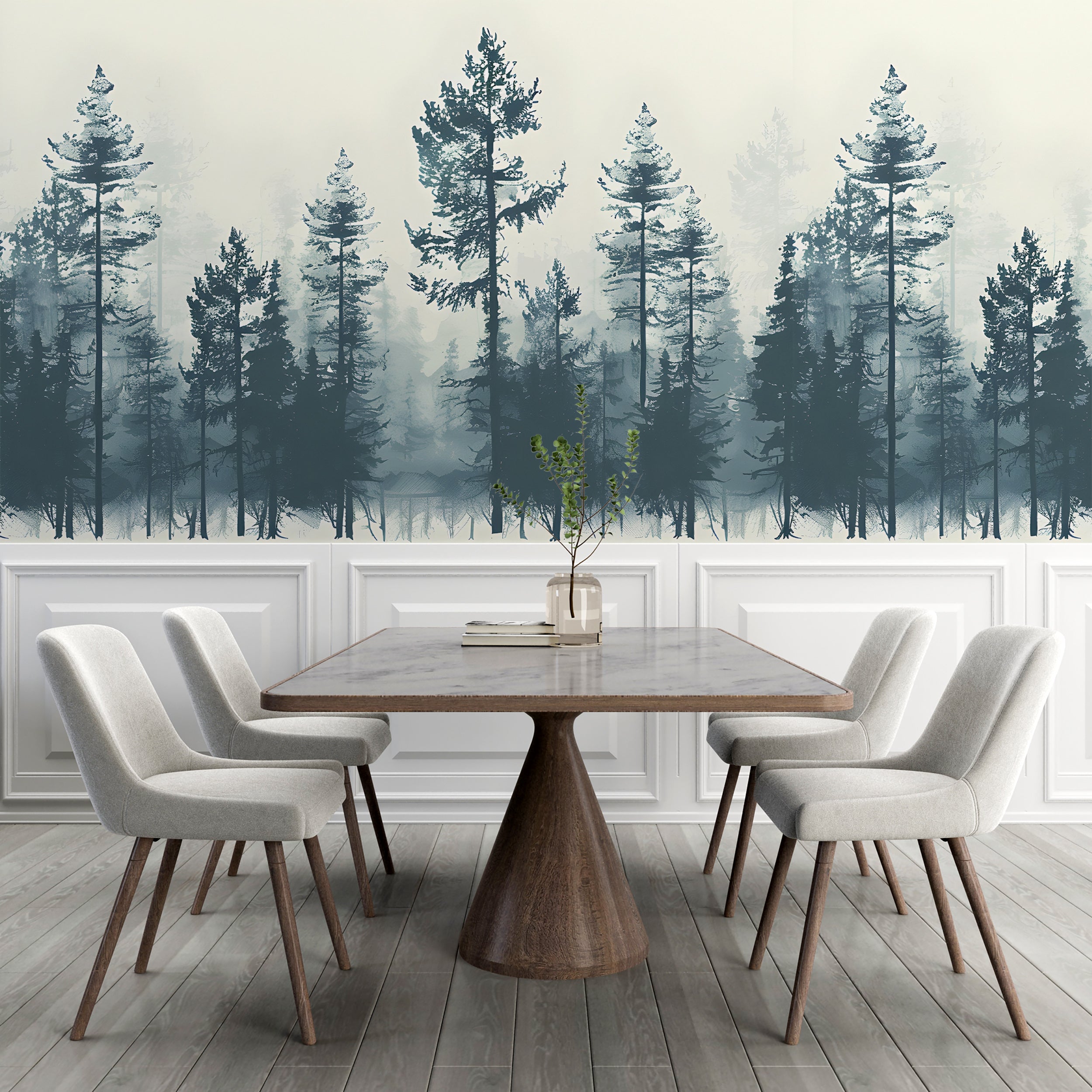 Watercolor Pine Tree Forest Wallpaper, Peel and Stick Nature Mural, Green and Beige Vintage Forest, Classic Seamless Wallpaper