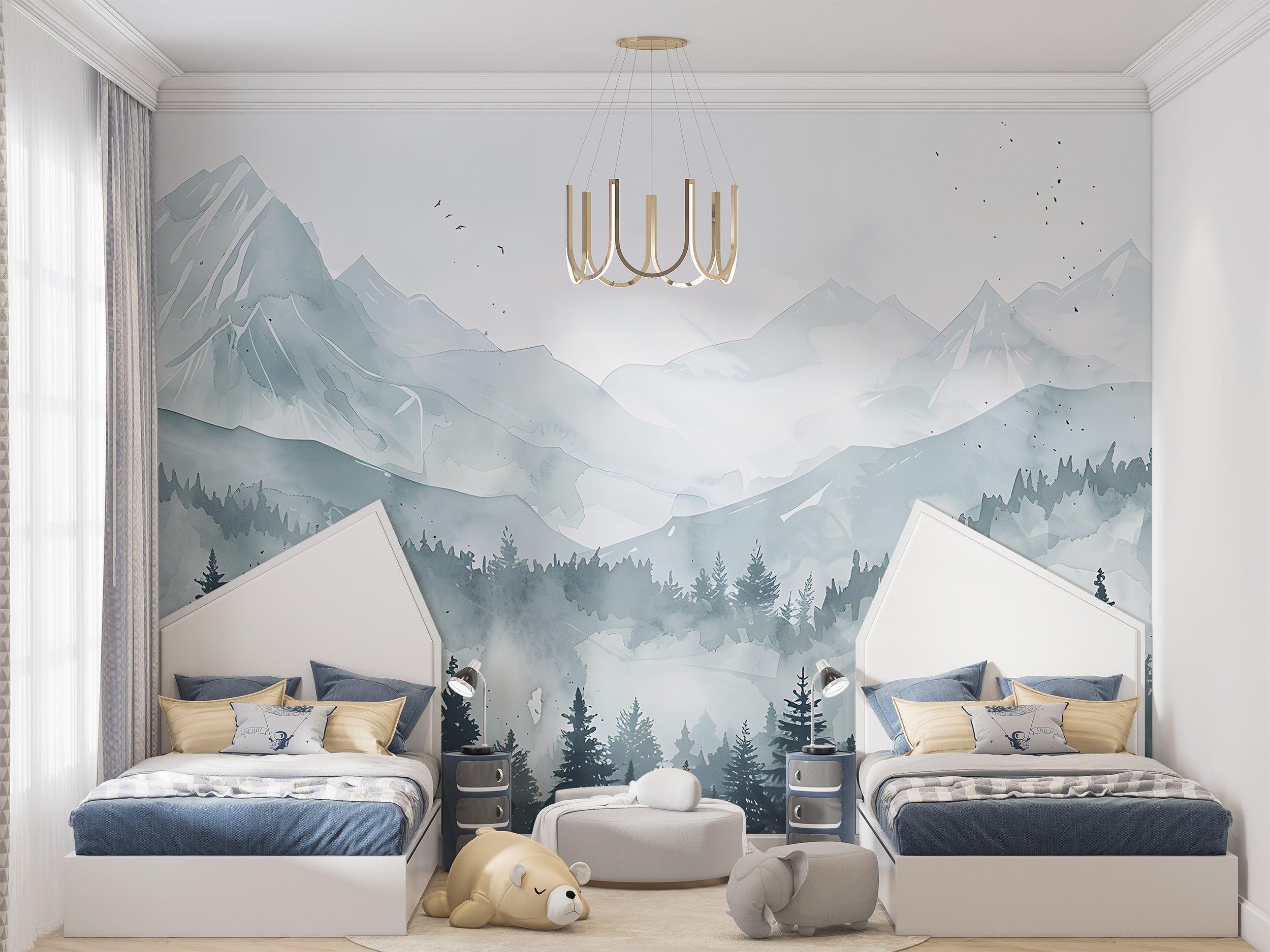 Mountain and Forest Landscape Mural, Watercolor Mountains Wallpaper, Peel and Stick Pine Forest Wall Decal, Nursery Blue Mountain Mural