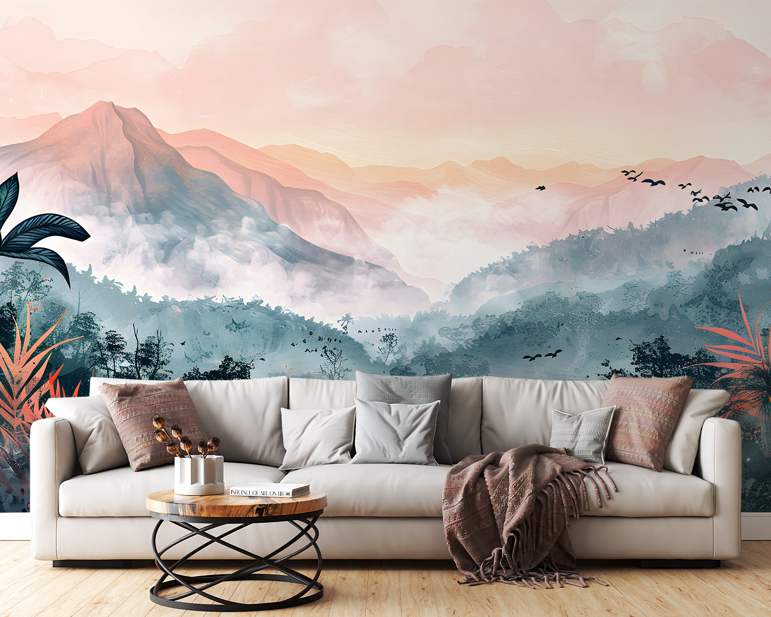 Colorful Jungle Forest Mural, Mountains in the Forest Wallpaper, Peel and Stick Colorful Mountain, Wild Nature Wall Decal, Nursery PVC free