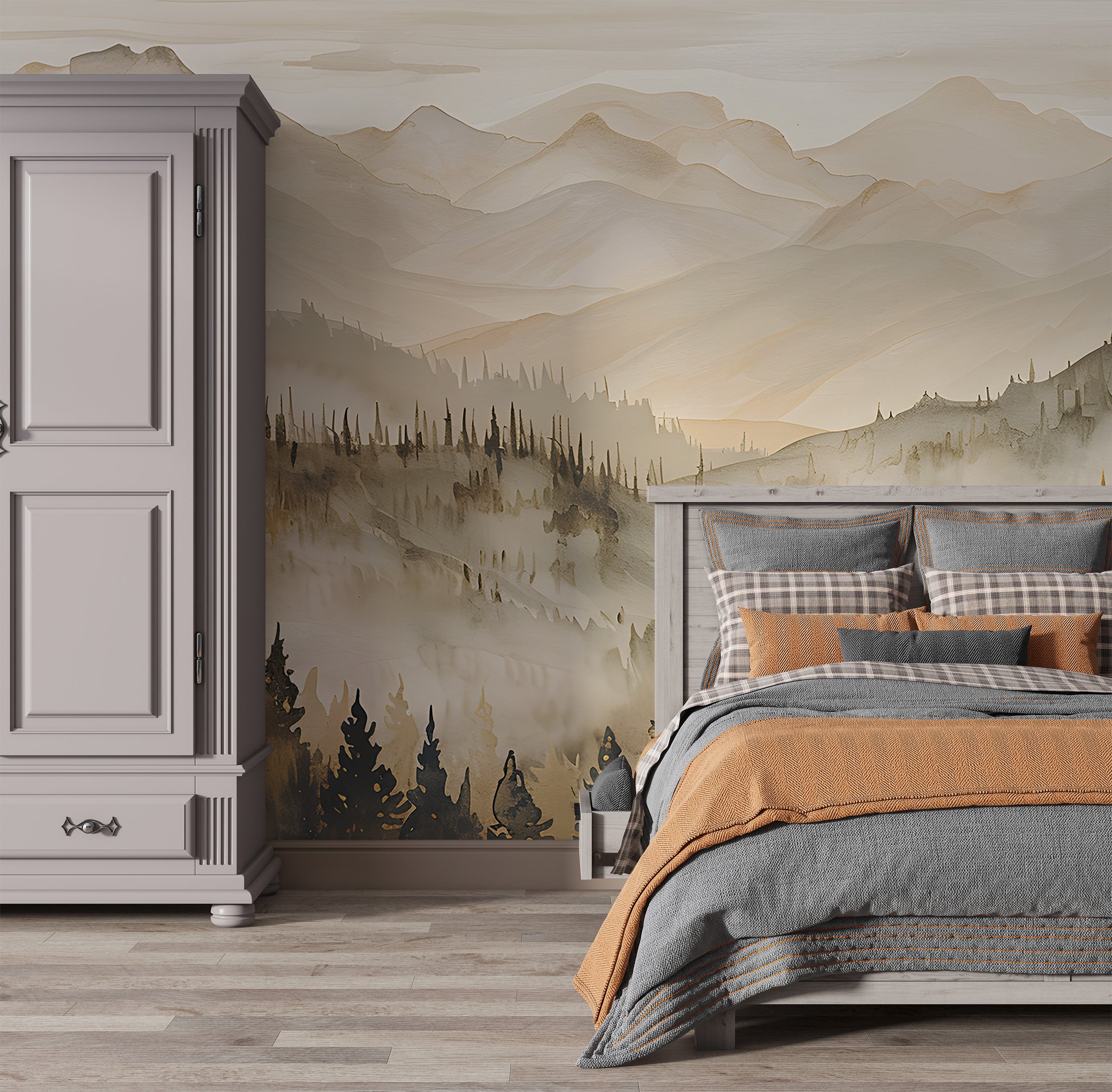 Brown and Beige Landscape Mural, Watercolor Mountains and Forest, Peel & Stick Nature Wall Decal, Removable Beige Pine Tree Forest