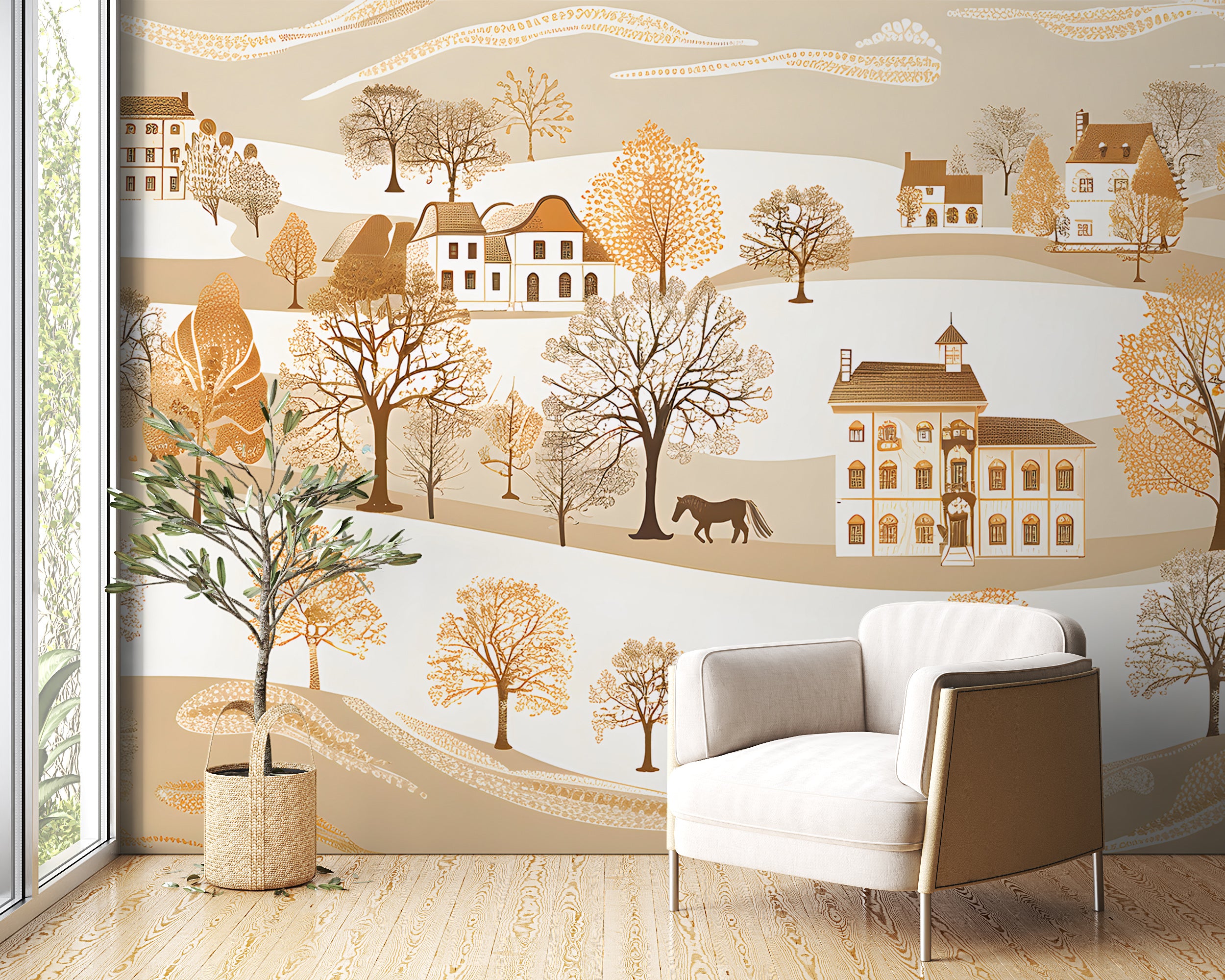 Beige Landscape with Houses and Trees Wallpaper, Seamless Horizontal Pattern Mural, Watercolor Classic Wall Art, Peel and Stick Traditional Village Mural