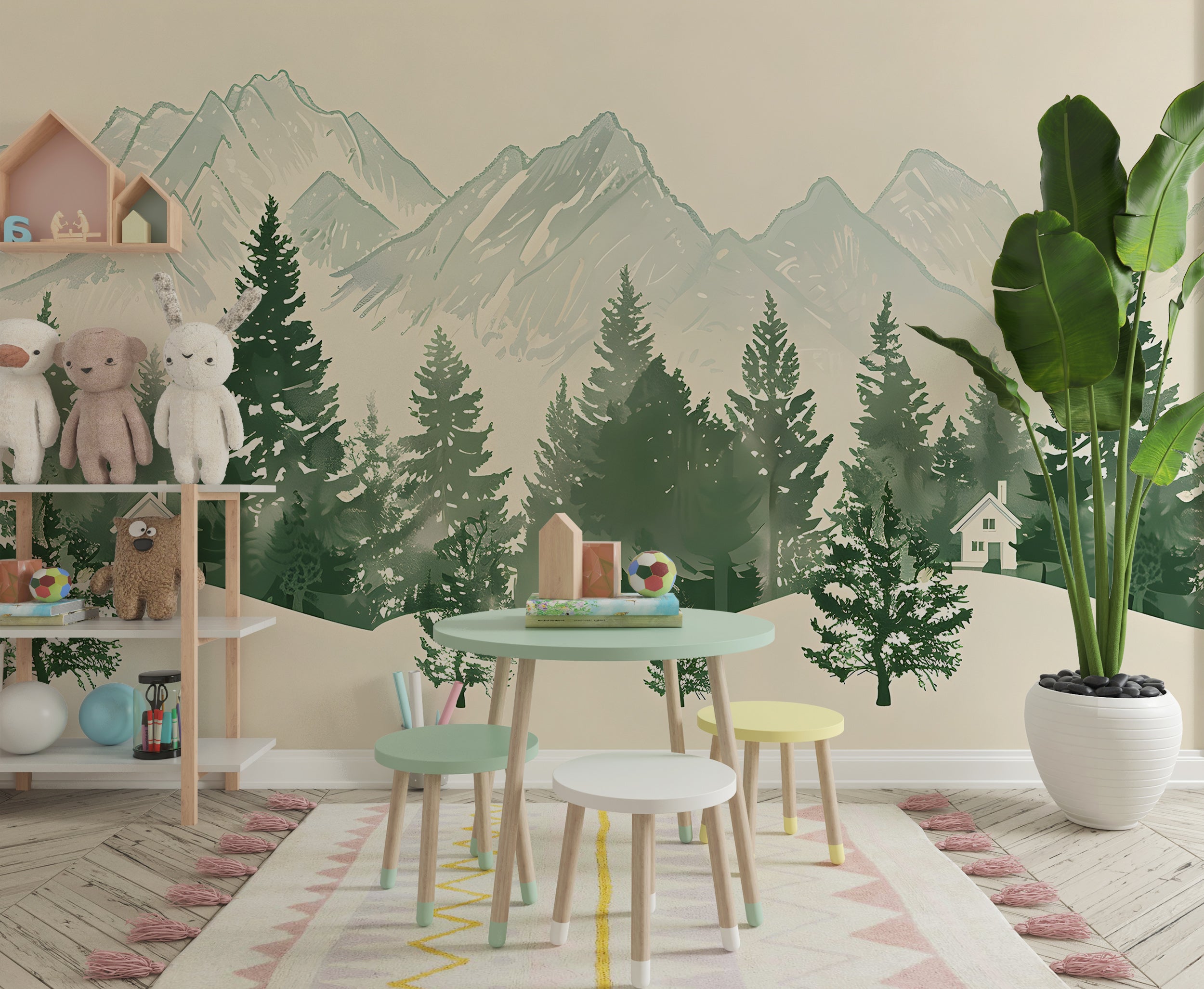 Monochrome Mountains and Forest Mural, Green and White Landscape Wallpaper, Self-adhesive Seamless Mountain Pattern, Removable Nature Decal