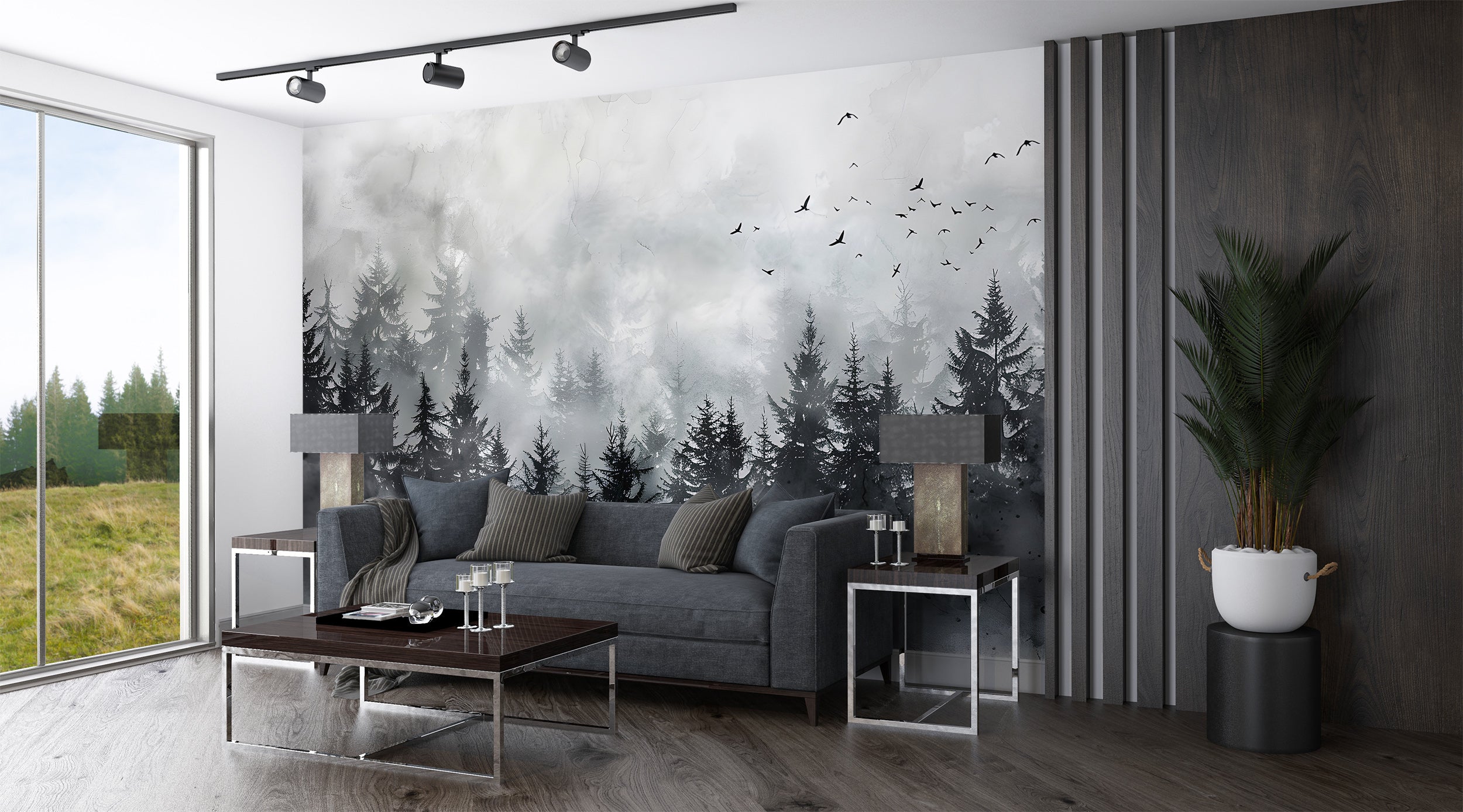 Black Foggy Forest Mural, Dark Watercolor Pine Tree Forest Wallpaper, Peel and Stick Clouds, Removable Birds and Trees Black & White
