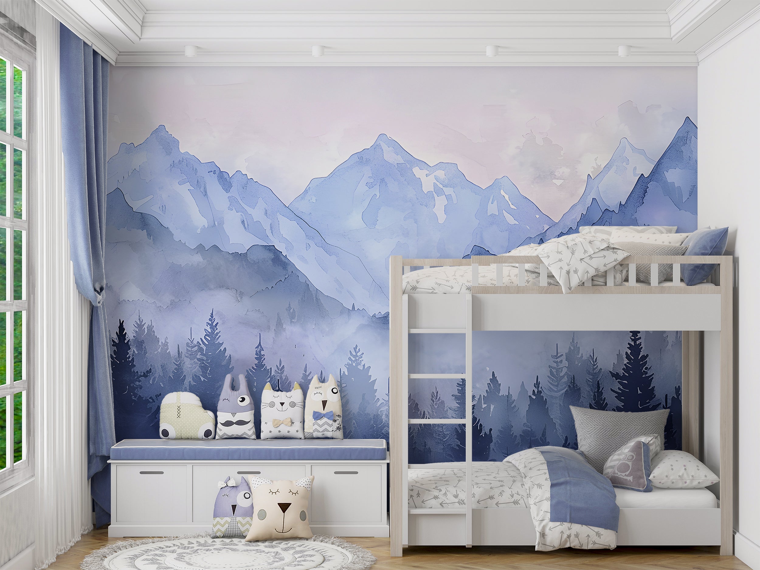 Watercolor Pastel Blue Mountains Mural, Forest and Mountain Landscape Wallpaper, Self-adhesive Removable Blue Nature Nursery Decal