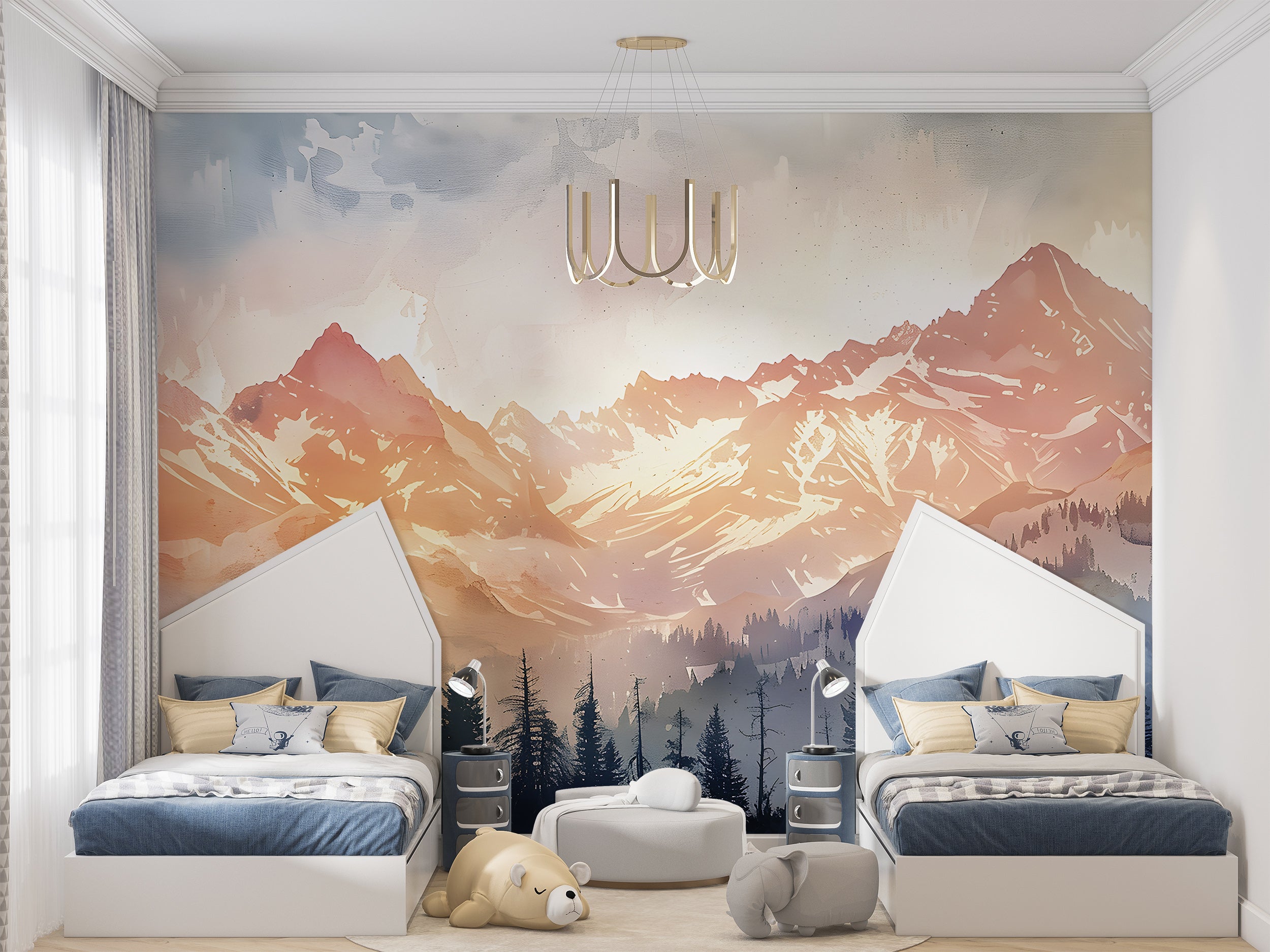 Watercolor Mountain Sunset Wallpaper, Colorful Mountains and Forest Mural, Peel and Stick Orange Landscape Nursery Decal, PVC-free