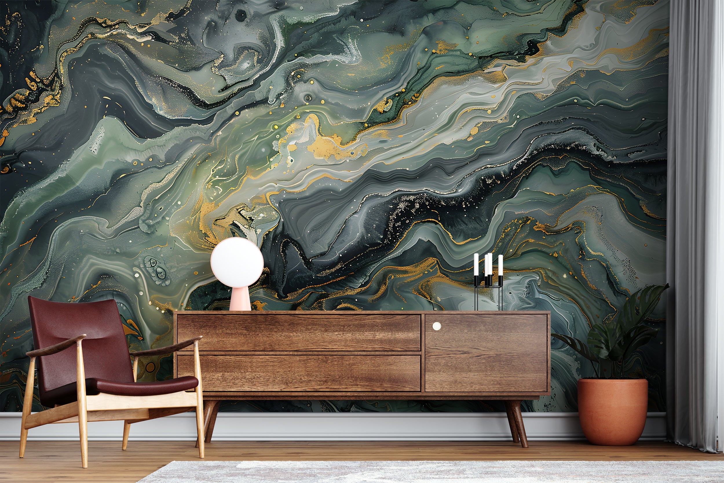 Deep Green Marble Mural, Alcohol Ink Abstract Wallpaper, Peel and Stick Dark Green Stone Texture Art, Removable Marble Sticker Decor