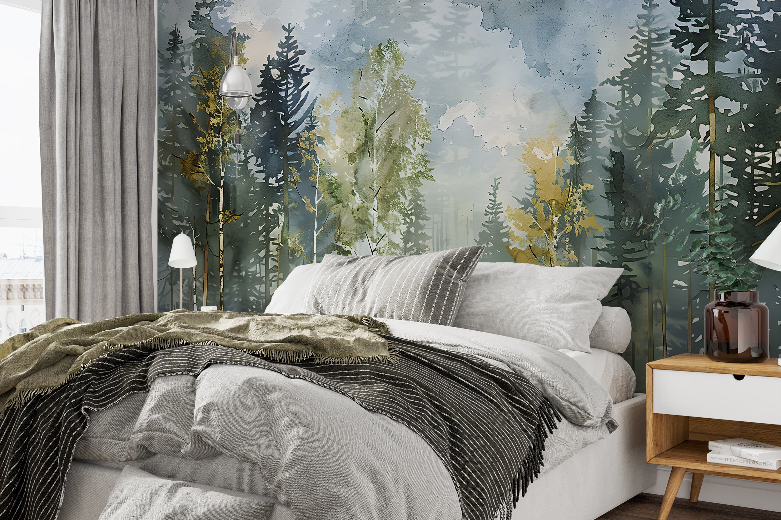 Birch Forest Wallpaper, Watercolor Woodland Mural, Pastel Colors Trees Wall Art, Peel and Stick Birches Decal, Removable Wild Nature Wallpaper