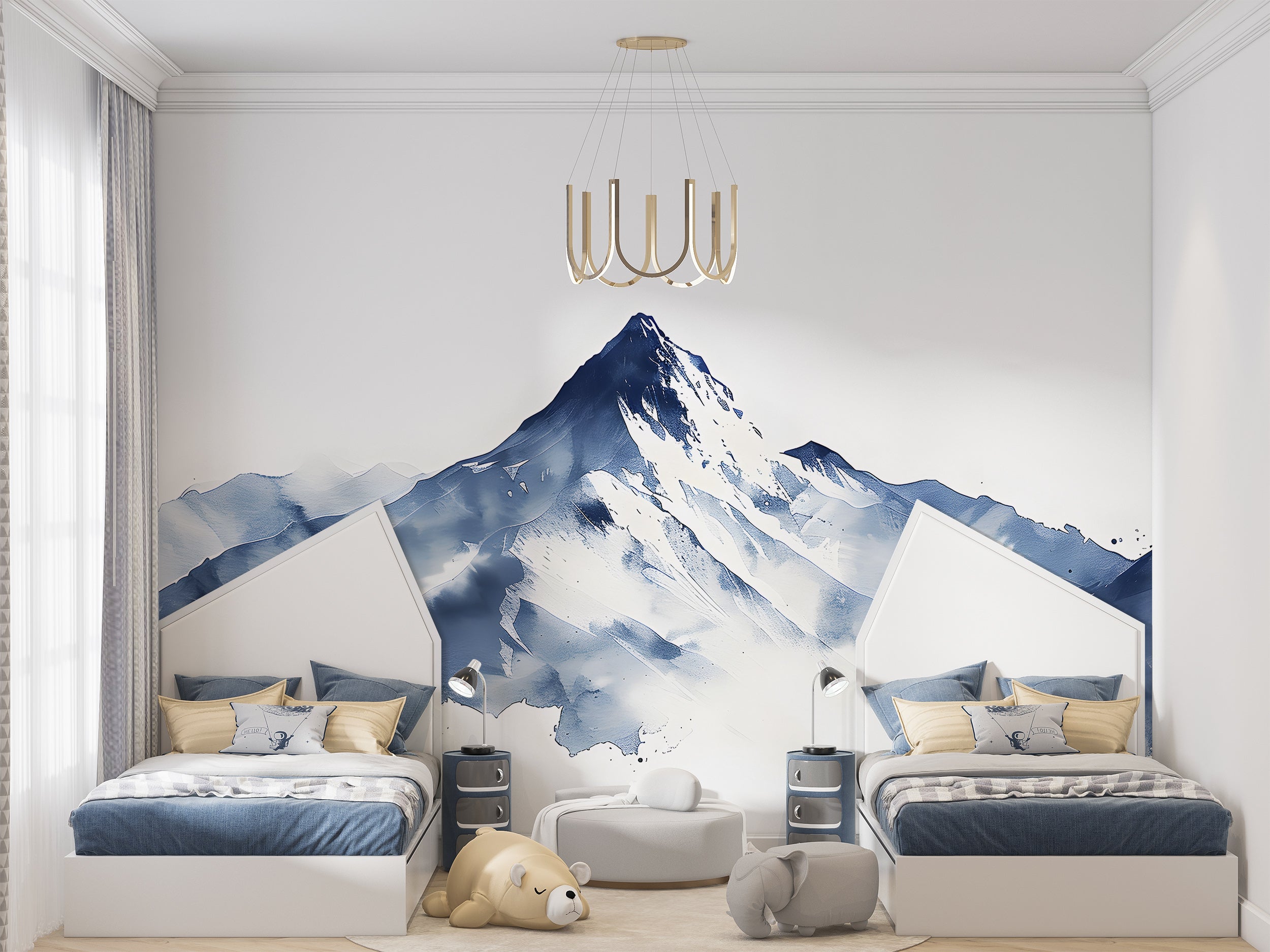 Minimalistic Blue Mountain Mural, Watercolor Snowy Mountains Wallpaper, Cartoon Style Peel and Stick Mountain, Removable Blue and White Landscape