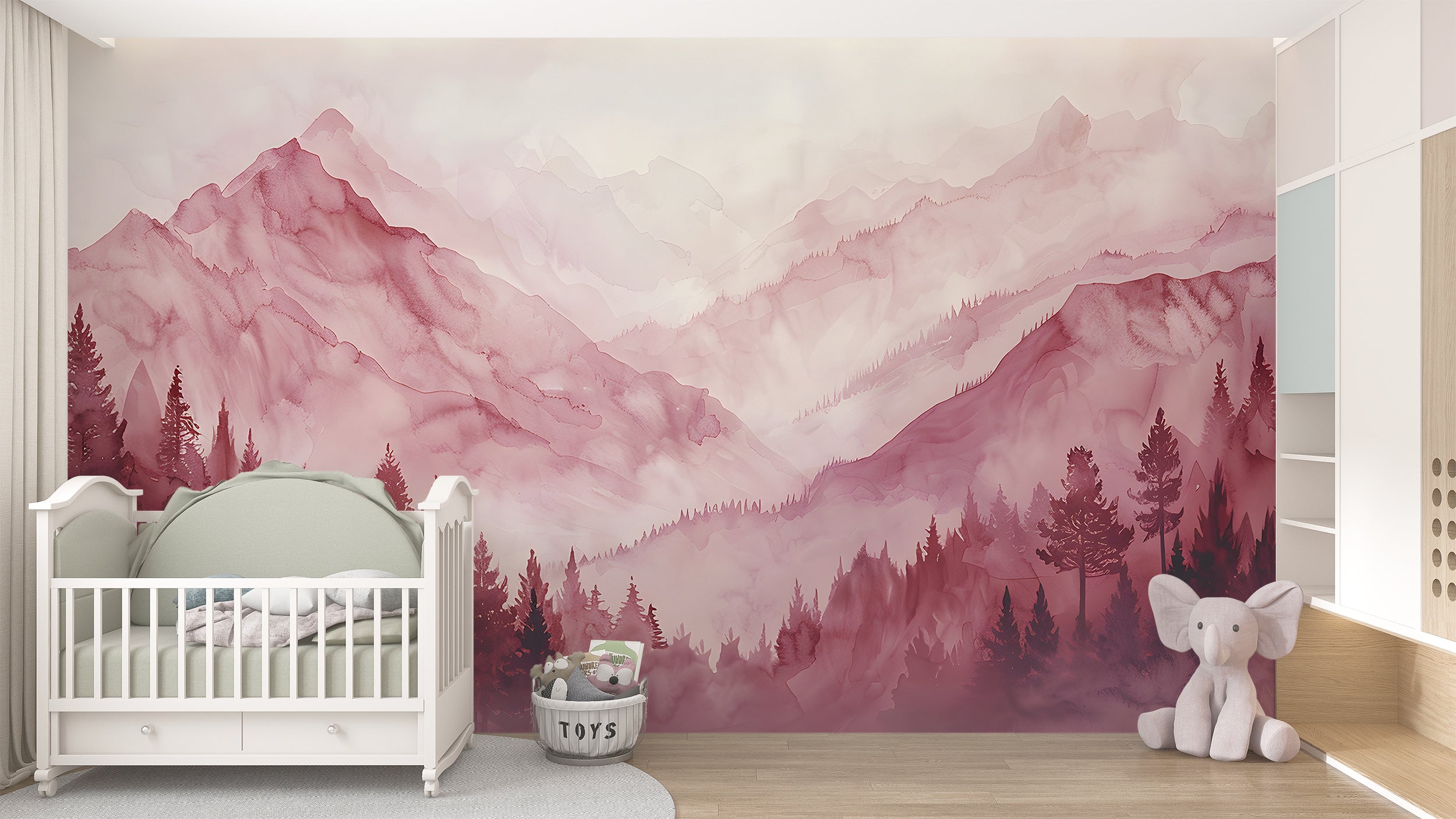 Pink Nursery Landscape Wallpaper, Watercolor Mountain View Mural, Peel and Abstract Stick Forests and Mountains Wall Mural, Soft Pink Nature Art