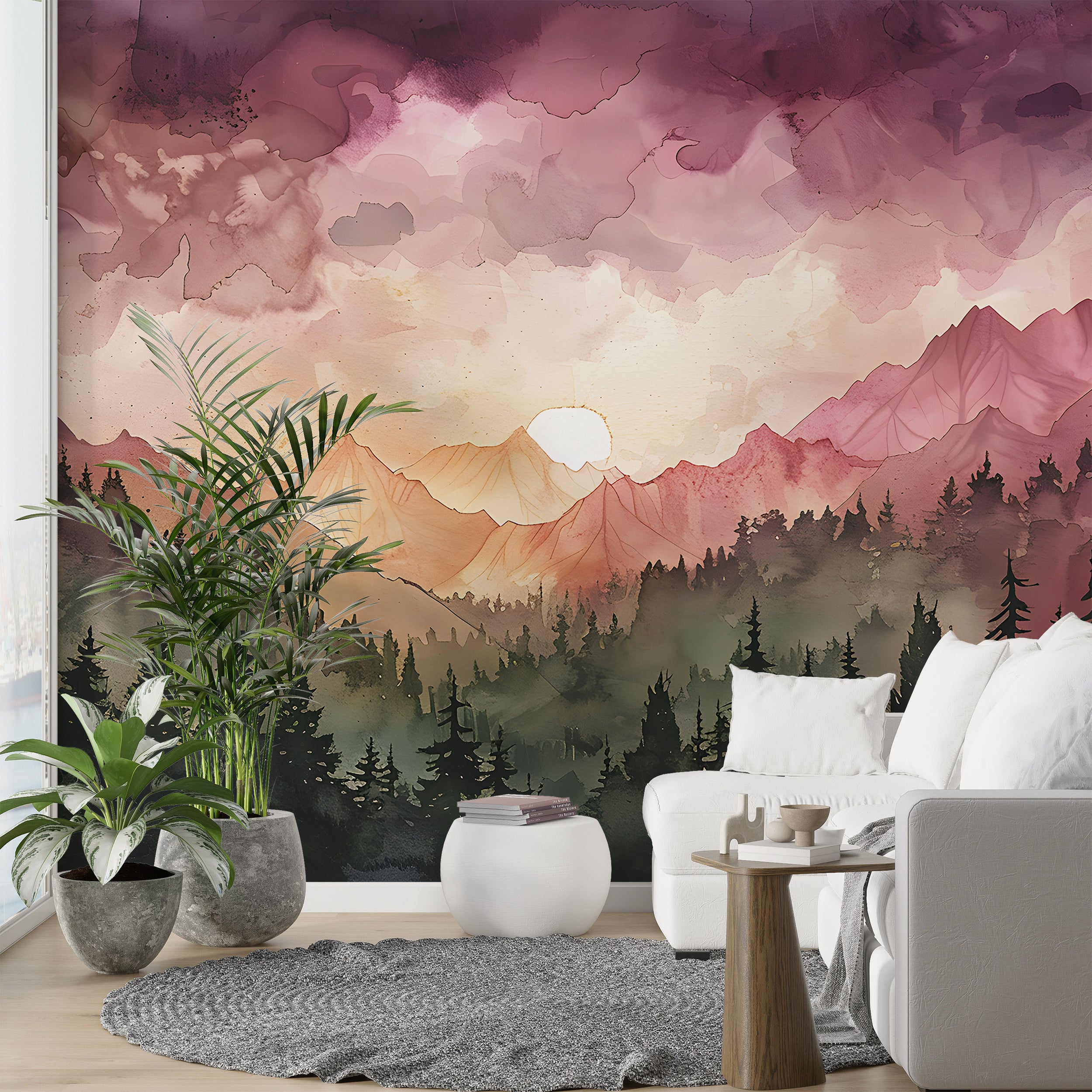 Pink and Orange Mountain Sunset Mural, Watercolor Mountains and Forest Landscape Wallpaper, Colorful Nursery Nature Wall Art