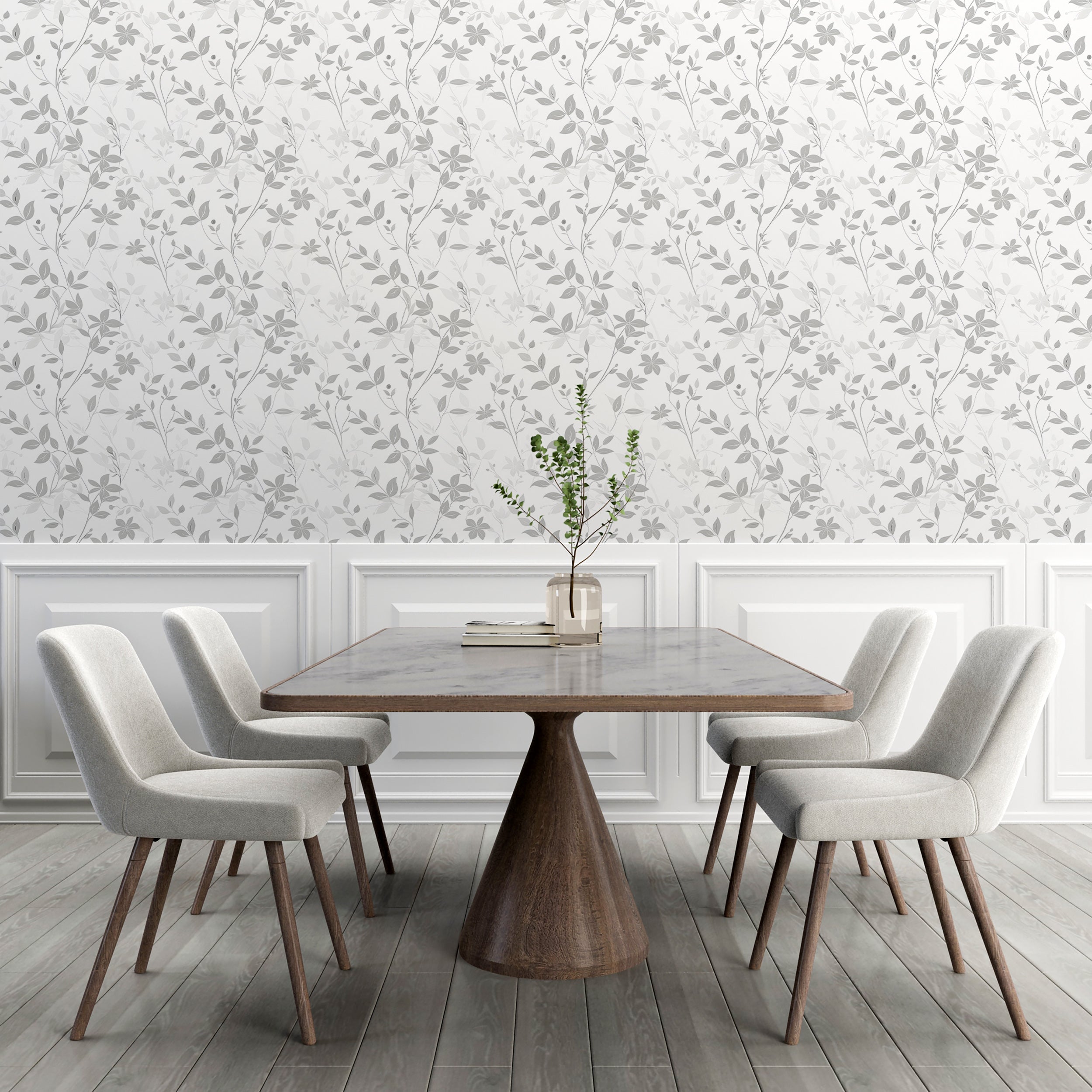 Grey and White Floral Wallpaper, Removable Light Botanical Leaves, Peel and Stick Delicate Tree Flowers Decal, Soft Shades of Grey Floral Pattern