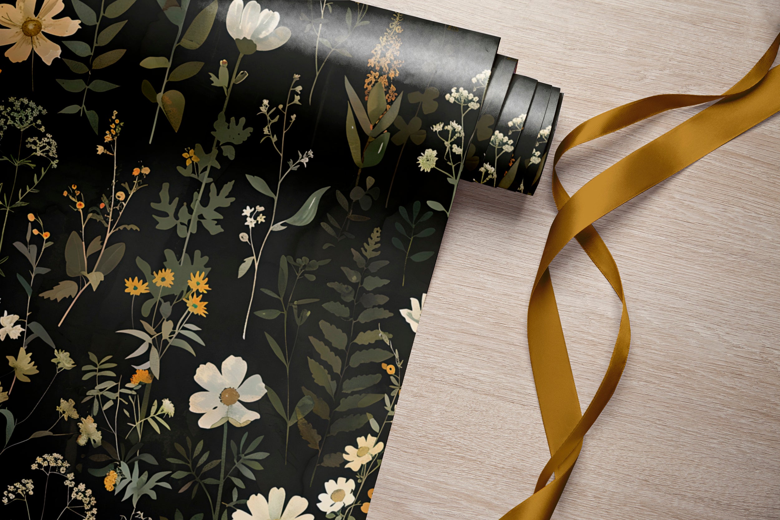 Meadow Flowers Dark Wallpaper, Fern Wall Decor, Peel and Stick Botanical, Dark Floral Decal, Removable Flower and Leaves on Black Background