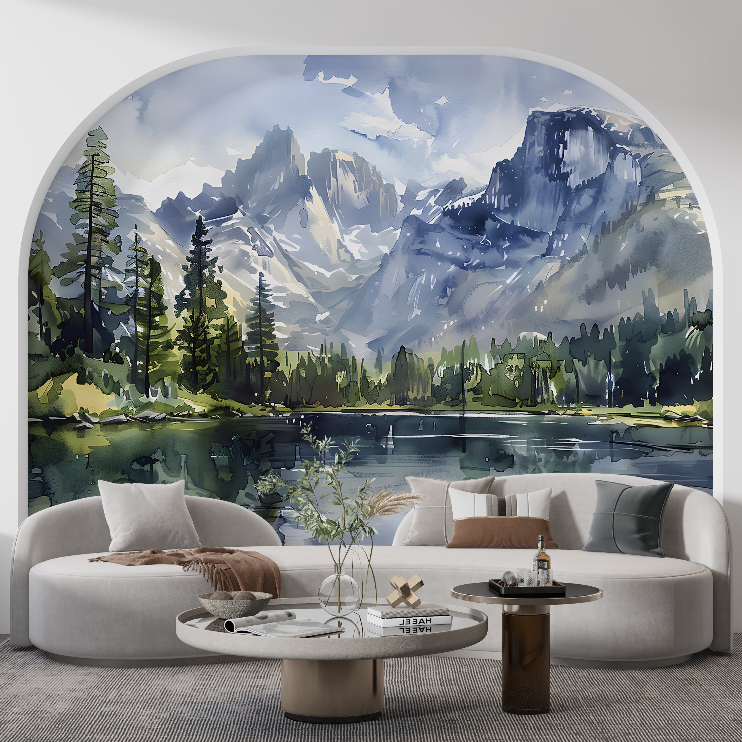 Watercolor Mountain Lake Mural, National park Landscape, Peel and Stick Mountains and Forest Wallpaper, Wild Nature Wall Art