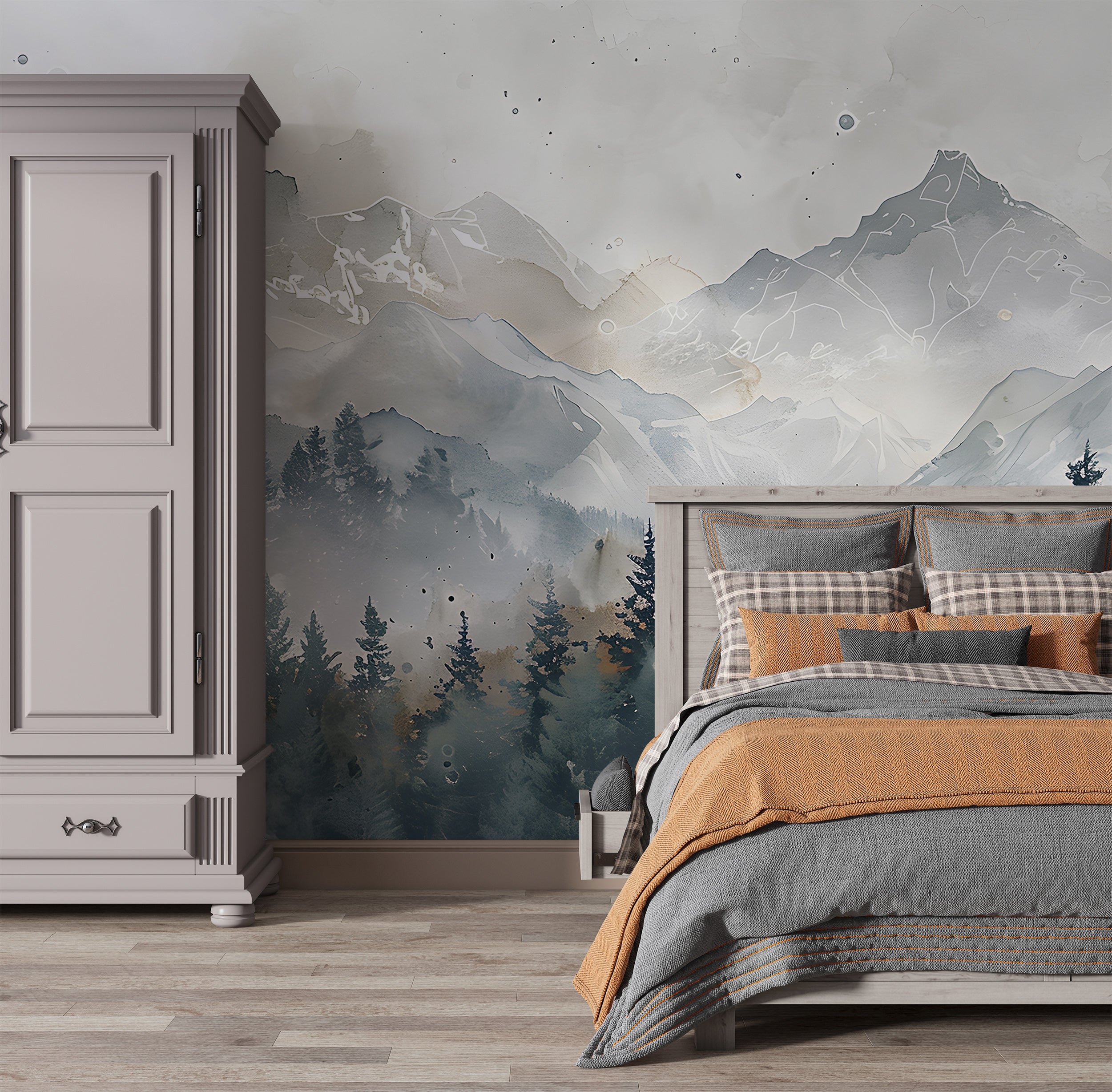 Forest and Mountains in Watercolor Style Mural, Grey Cloudy Mountain Landscape, Peel and Stick Pine Forest Natural Colors Wall Decor, Removable Wall Art