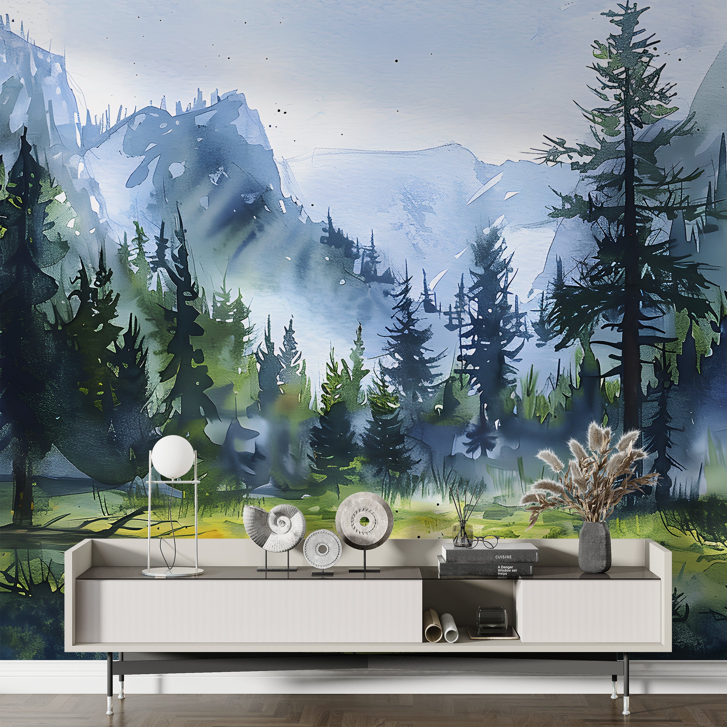 Watercolor Nature Wall Mural, Peel and Stick Mountain Landscape Art, Wild Forest Wallpaper, Removable Custom Size National Park Decal