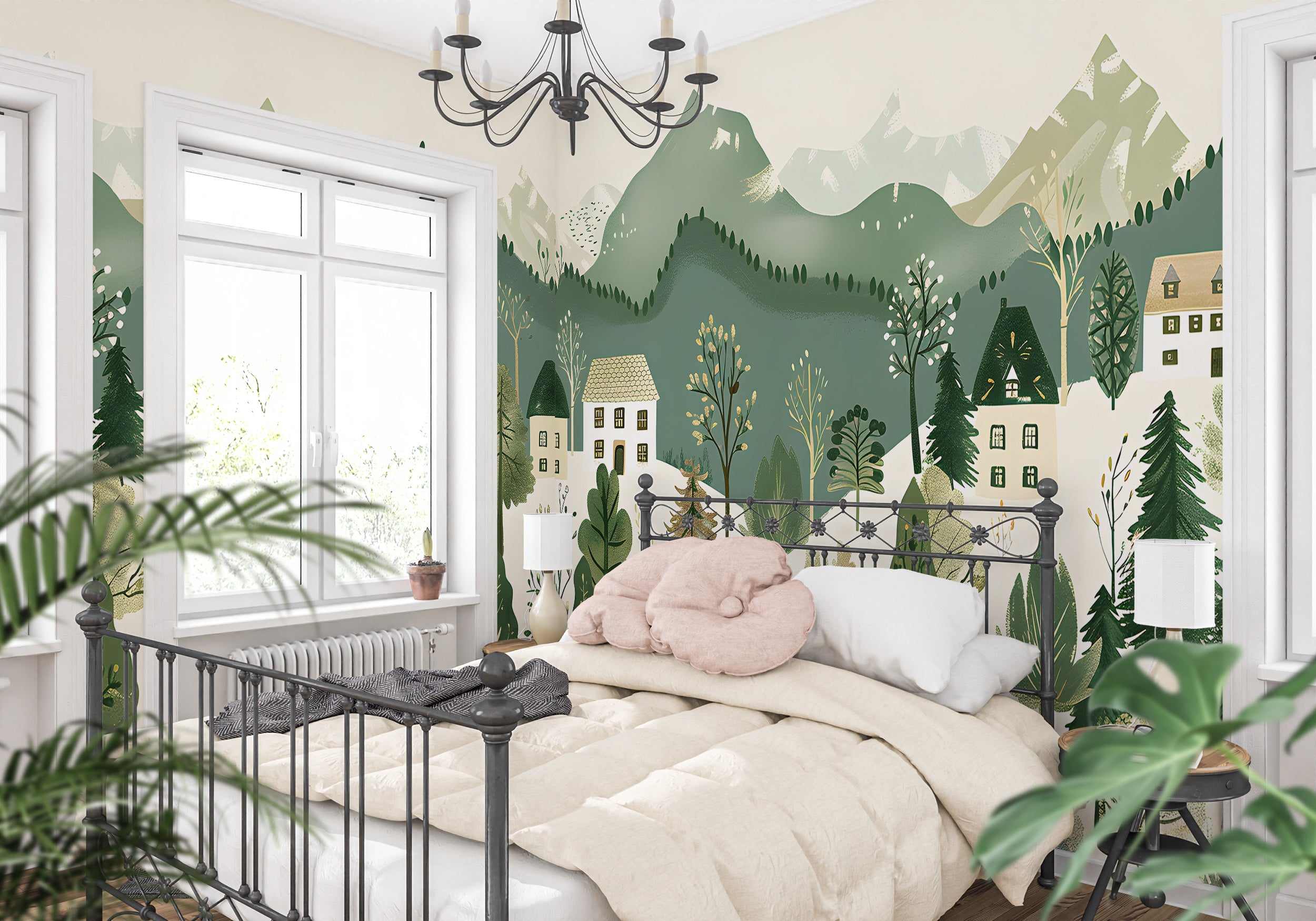 Green and Beige Forest Village Mural, Peel and Stick Mountains Trees and Houses Wallpaper, Removable Horizontal Seamless Pattern Wall Decor