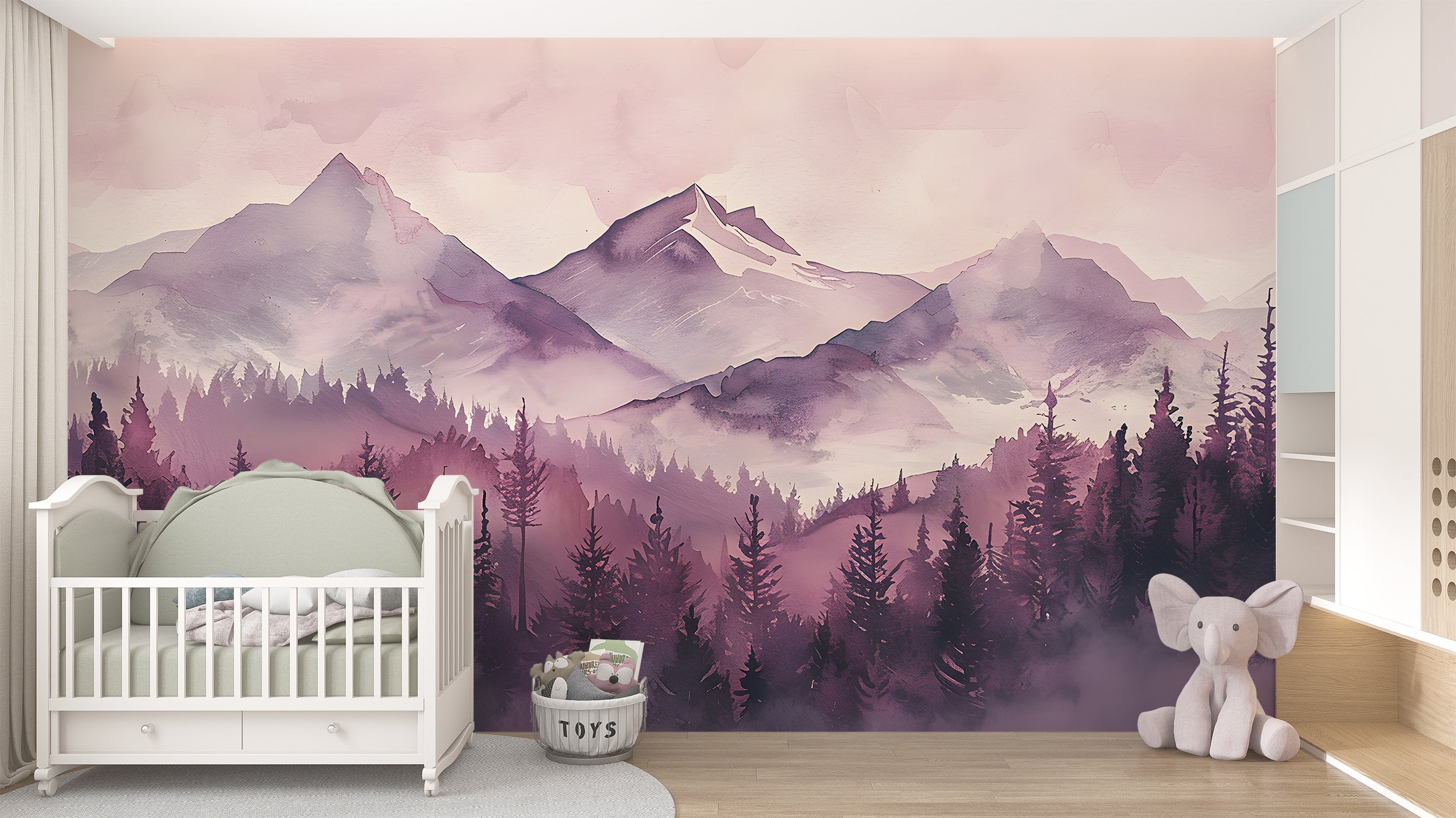 Soft Pink Mountains and Forest Mural, Peel and Stick Watercolor Mountains Landscape Wallpaper, Nursery Removable Custom Size Decor