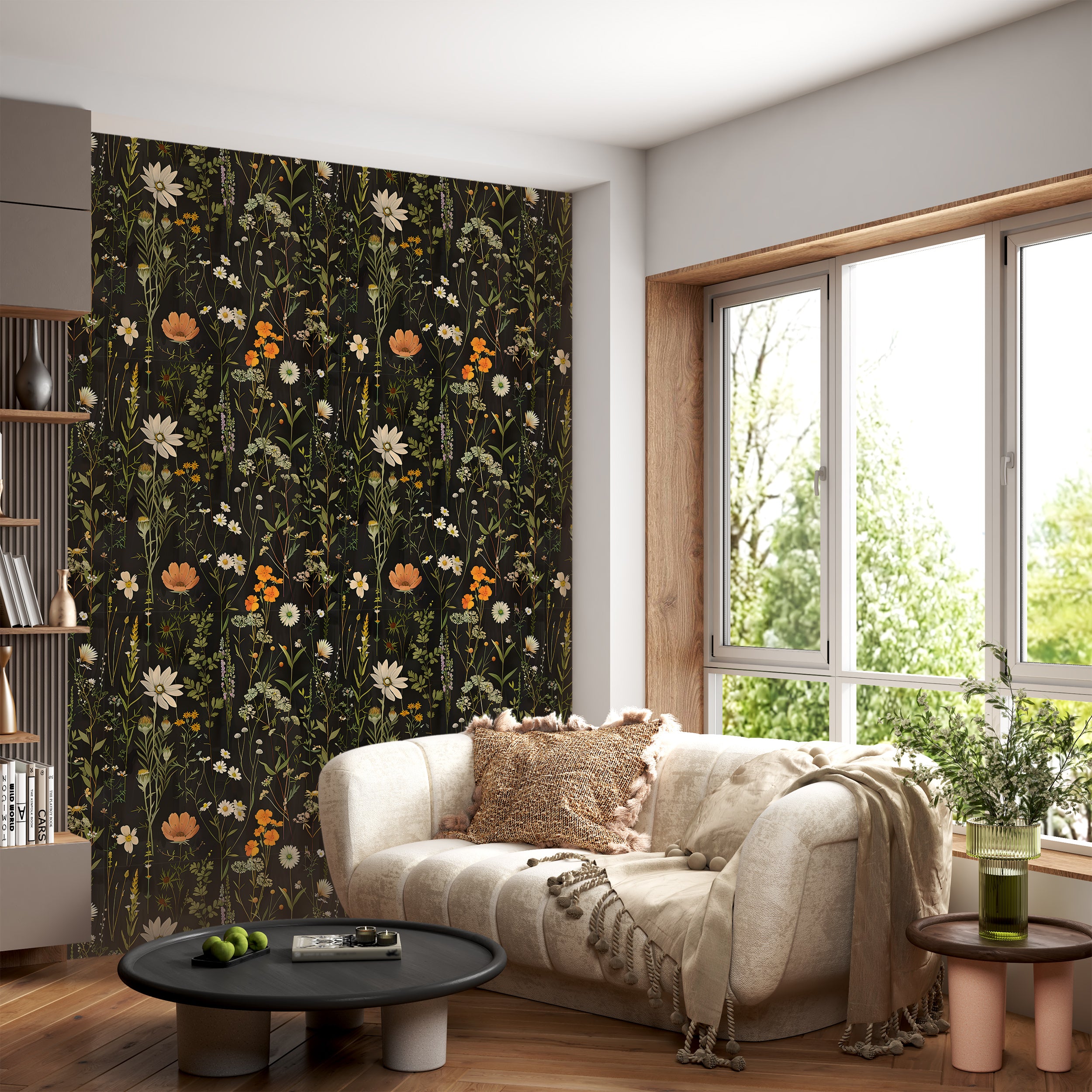 Meadow Flowers Wallpaper, Dark Botanical Decal, Peel and Stick Dark Floral, Vintage Flower Wallpaper, Removable Wild Flowers Black Background