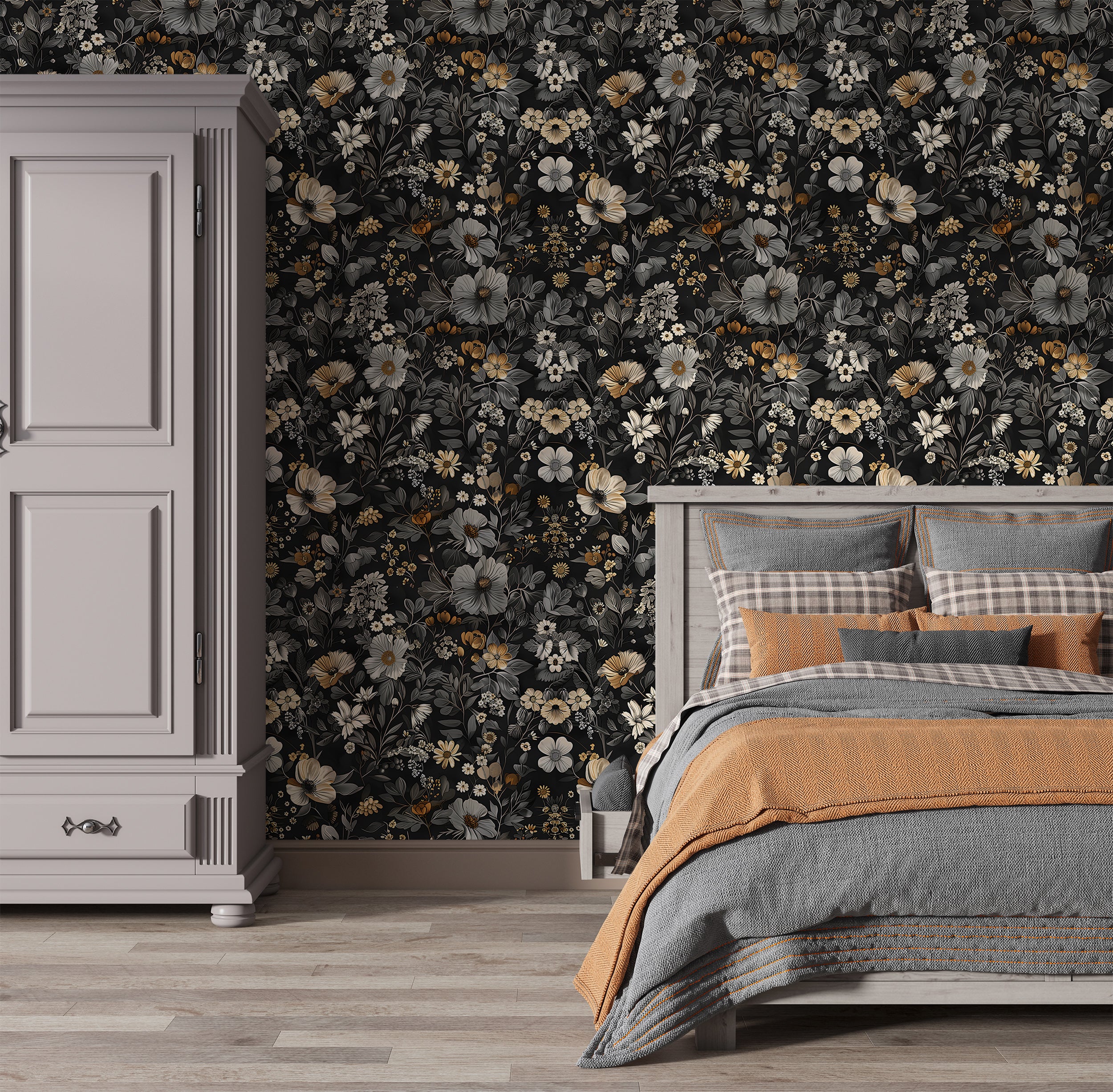 Grey and Beige Floral Wallpaper, Removable Dark Botanical Wall Decal, Peel and Stick Dark Flowers Vintage Wallpaper, Meadow Flower PVC free