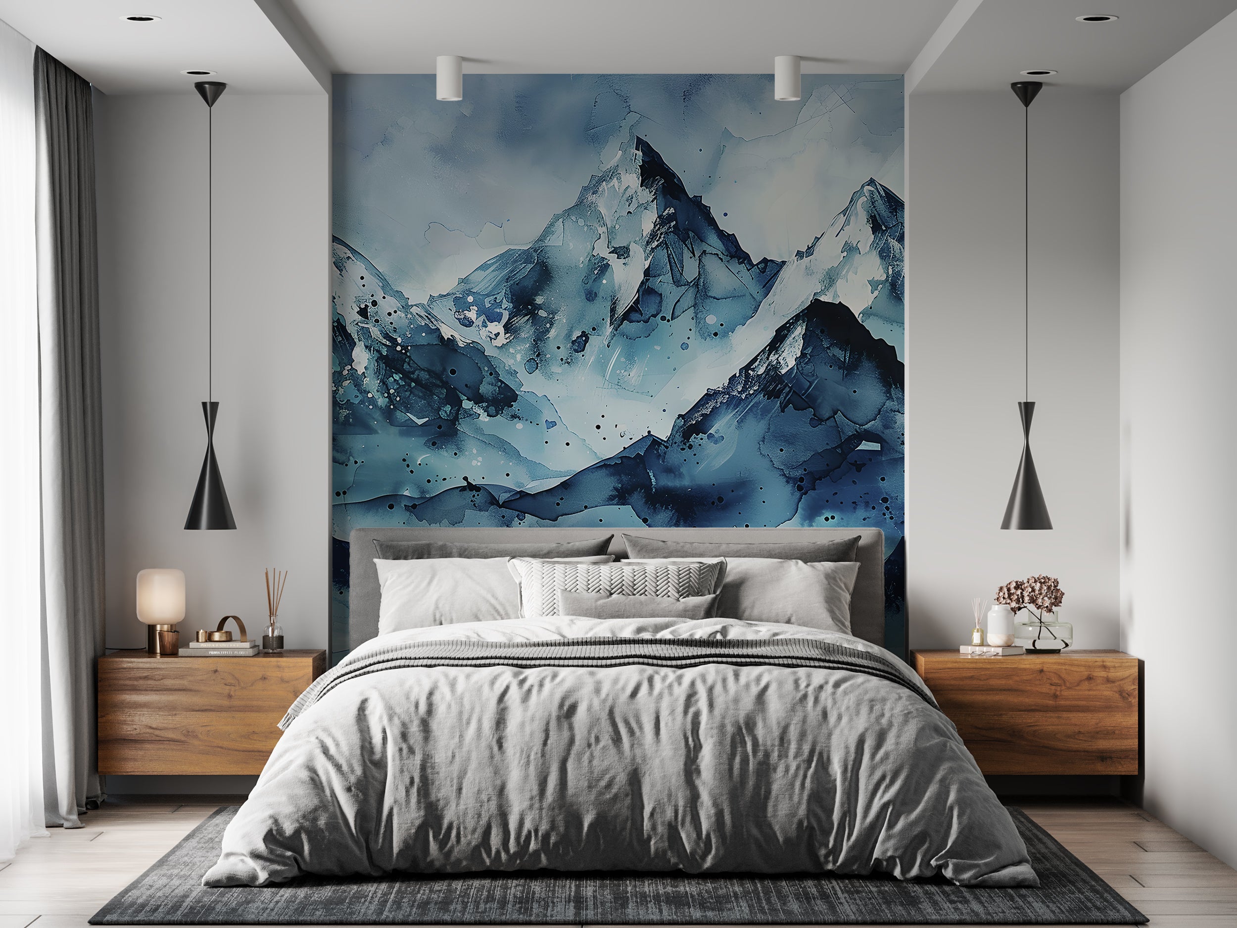 Snowy Mountains Mural, Abstract Blue Mountains Wall Art, Peel and Stick Cold Blue Wallpaper, Watercolor Removable Iced Landscape Decal