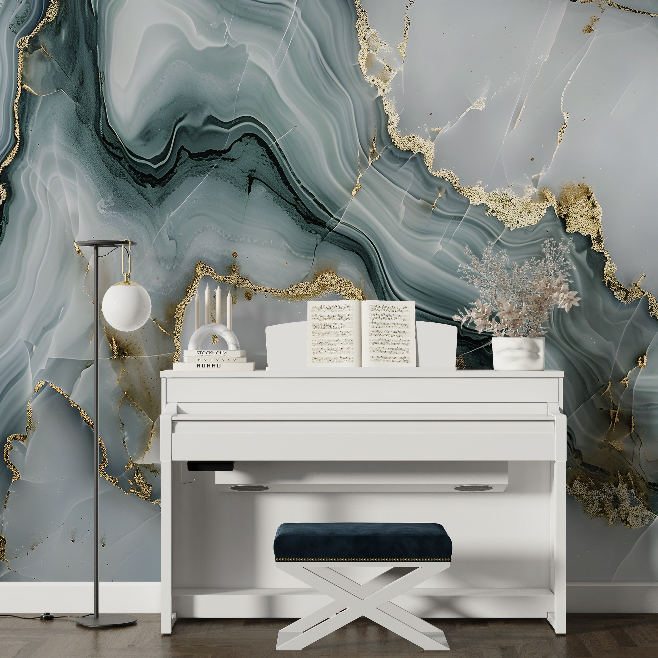 Mint Grey and Gold Alcohol Ink Mural, Peel and Stick Marble Texture Wallpaper, Abstract Green and Grey Stone Wall Decor, Removable Unique Art