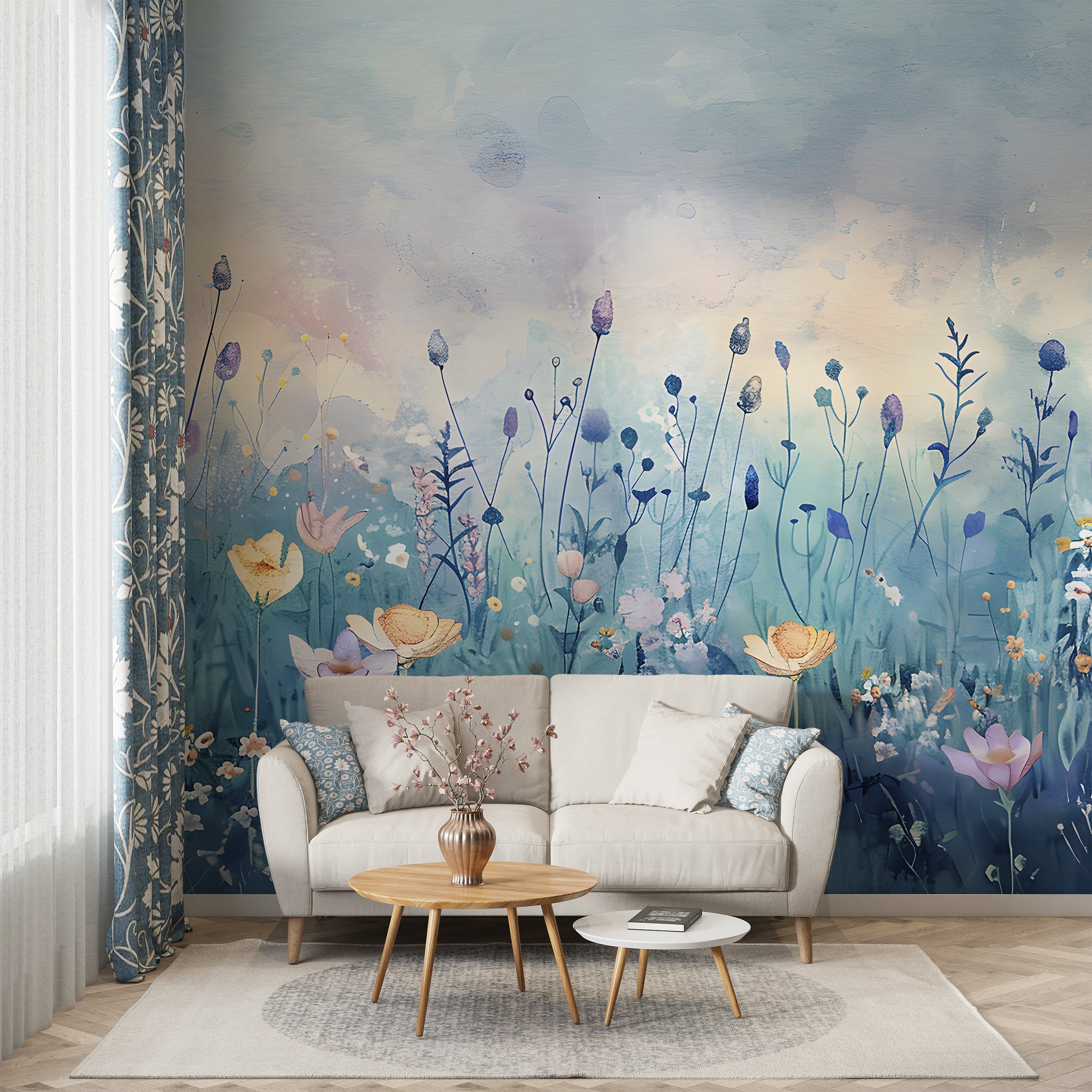 Blue Meadow Flowers Mural, Watercolor Flower Field Wallpaper, Pastel Colors Peel and Stick Floral Wall Mural, Removable Botanical Art, PVC-free