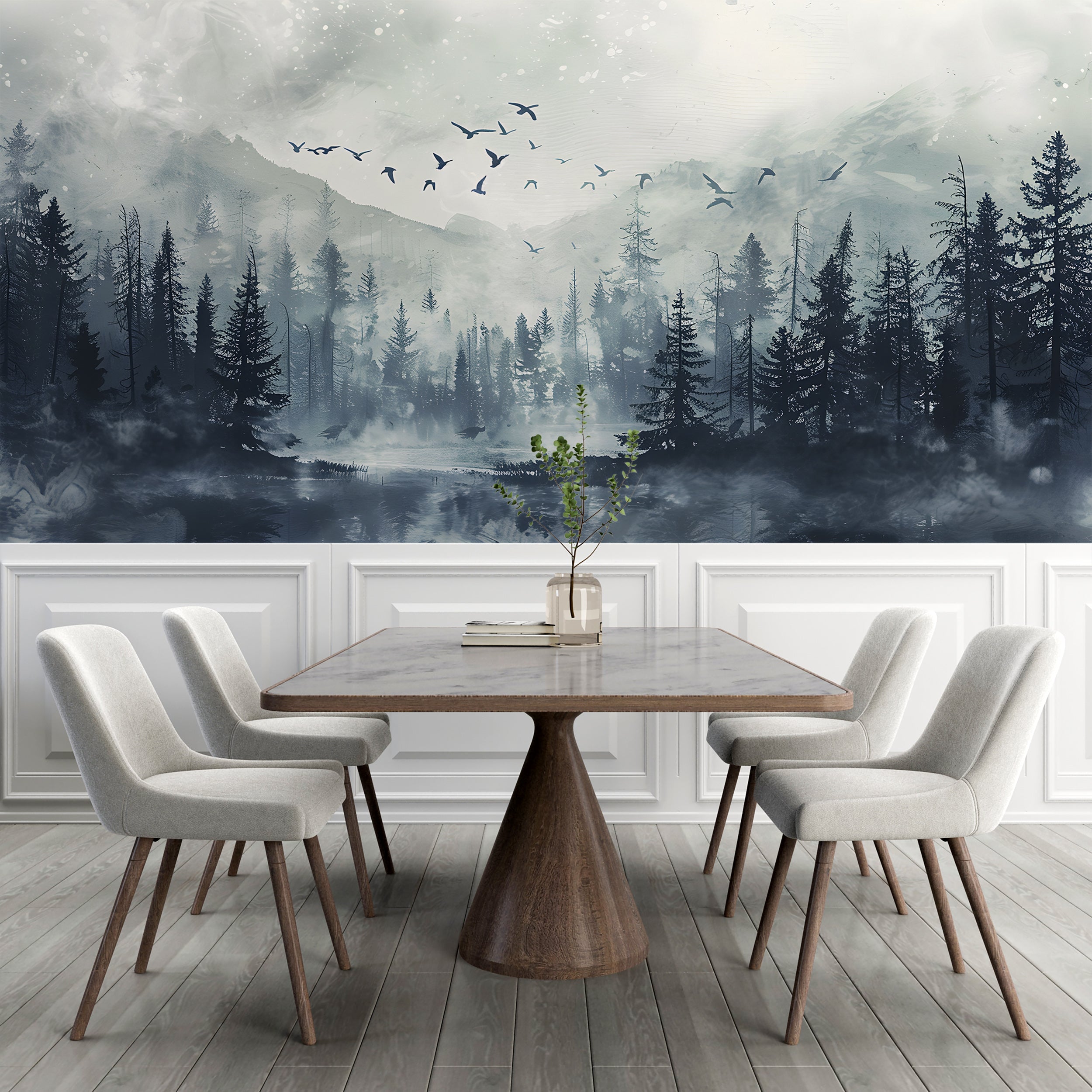 Dark Forest Wall Mural, Peel and Stick Black and Grey Pine Trees Mountain and Birds, Watercolor Foggy Nature Decor, Misty Forest Wallpaper