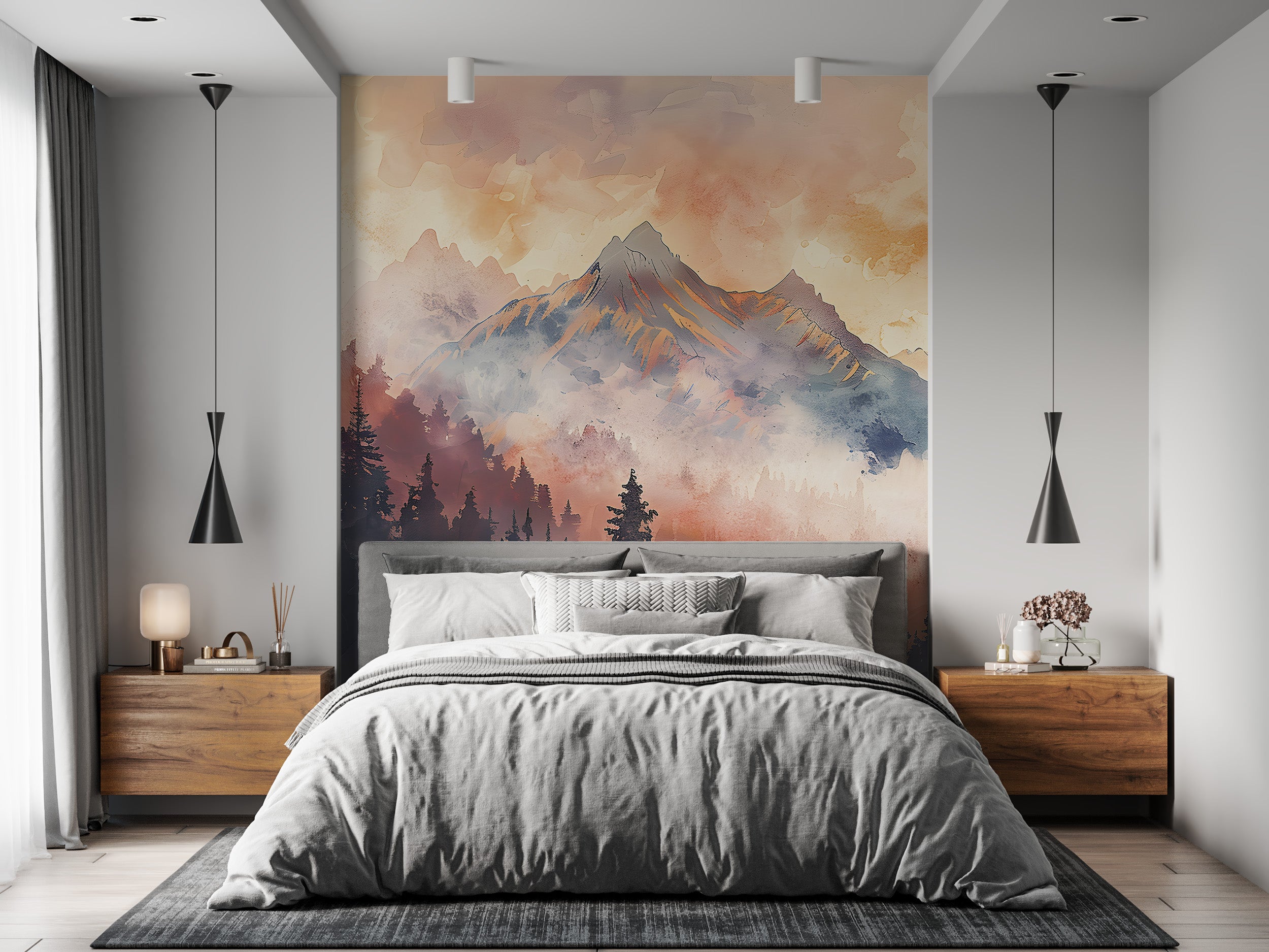Foggy Colorful Mountains Mural, Watercolor Forest and Mountains Landscape in Pastel Colors, Peel and Stick Orange Misty Mountain Wallpaper