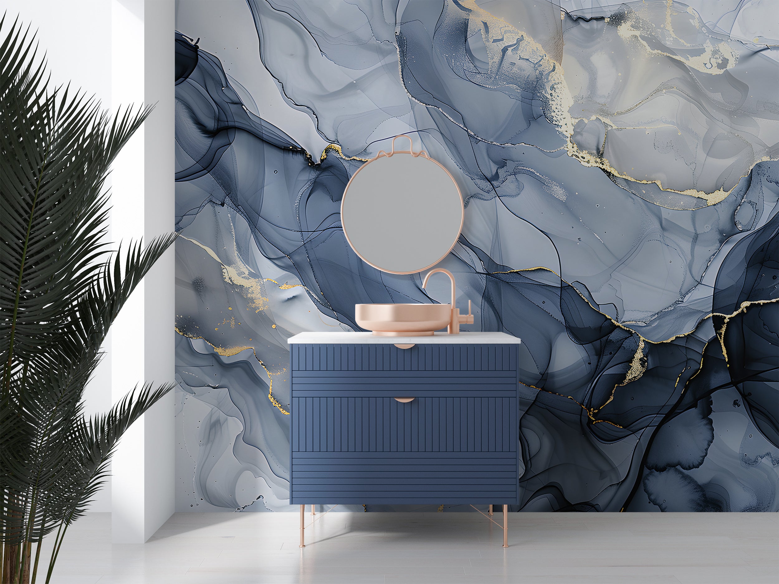 Blue and Gold Alcohol Ink Mural, Marble Wallpaper, Peel and Sick Abstract Watetrcolor, Removable Wallpaper, Modern Luxury Wall Mural
