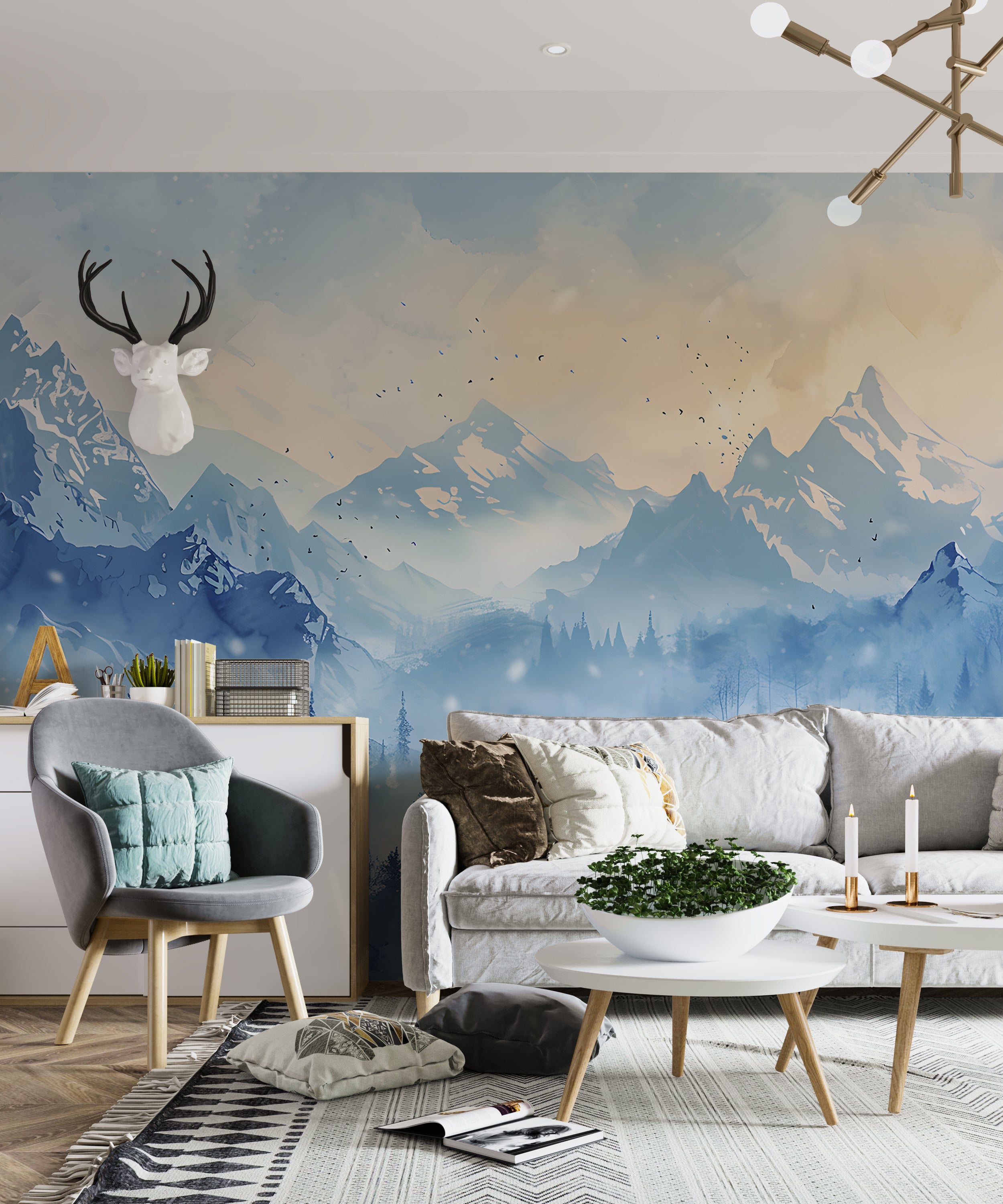 Winter Mountains Mural, Watercolor Blue Mountain and Forest Landscape, Peel and Stick Foggy Nature Wallpaper, Nursery Removable Misty Decal