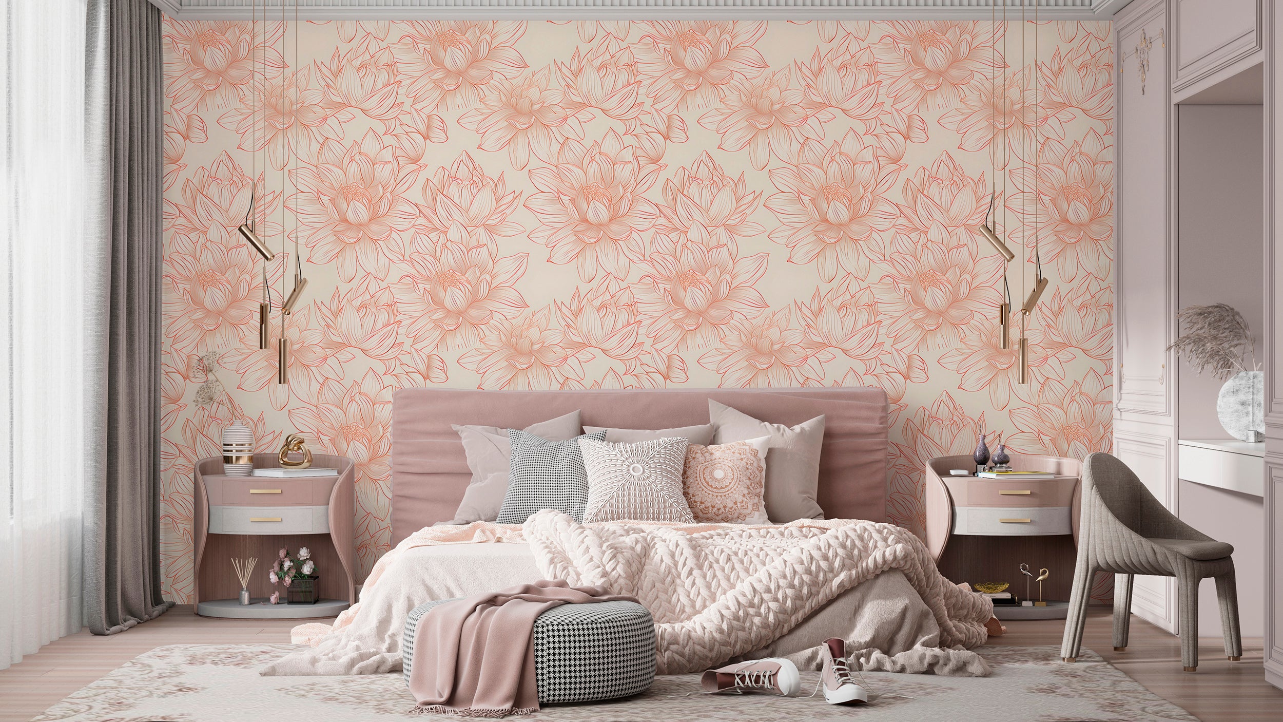 Lotus Flowers Wallpaper, Peel and Stick Pastel Colors Floral Wallpaper, Dusty Rose and Beige Botanical Wall Decor, Removable Flower Pattern Decal
