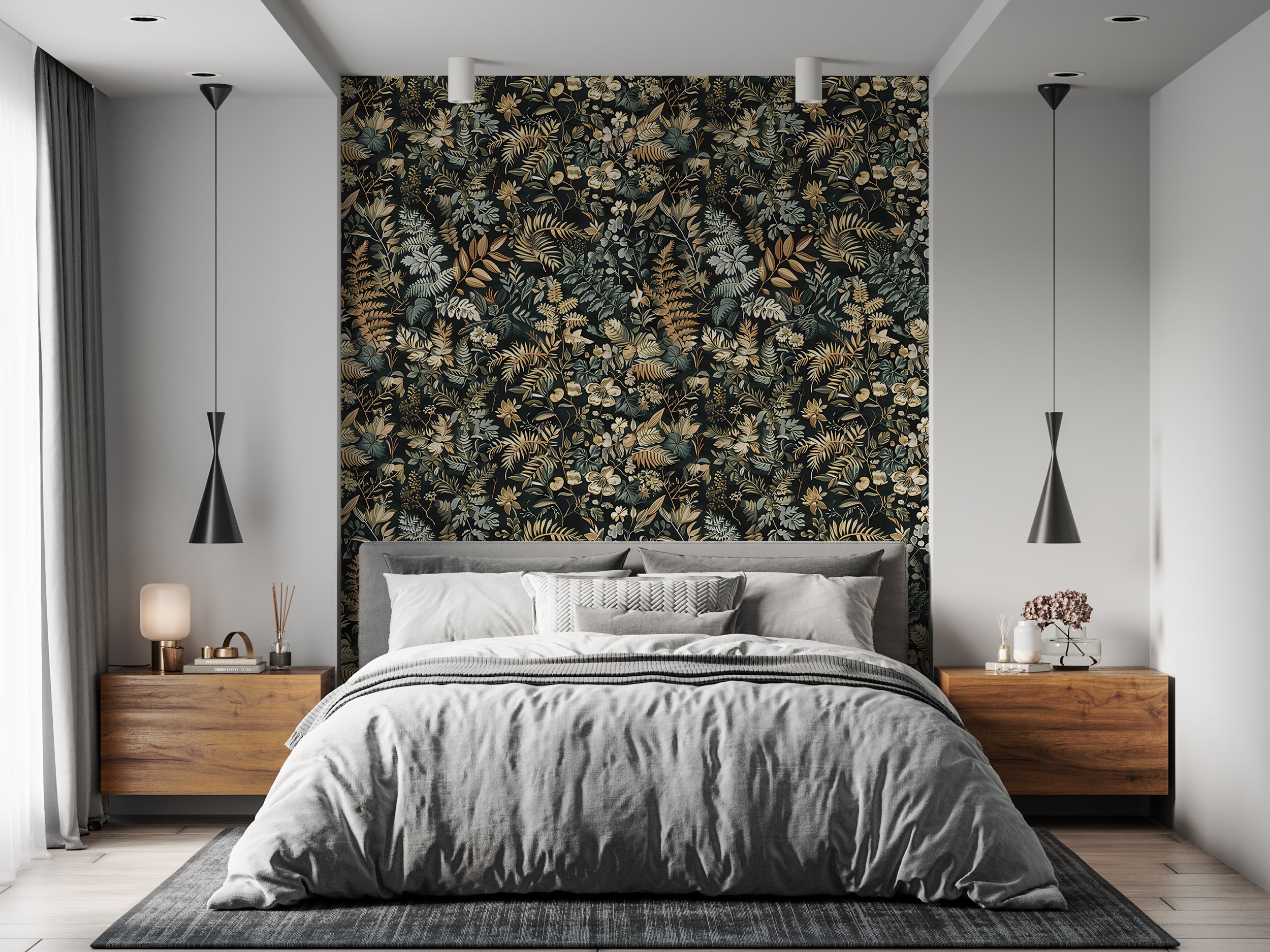 Dark Floral Wallpaper, Peel and Stick Fern Pattern Decal, Wild Flowers and Leaves Wall Decor, Removable Dark Botanical Forest Flower Wallpaper