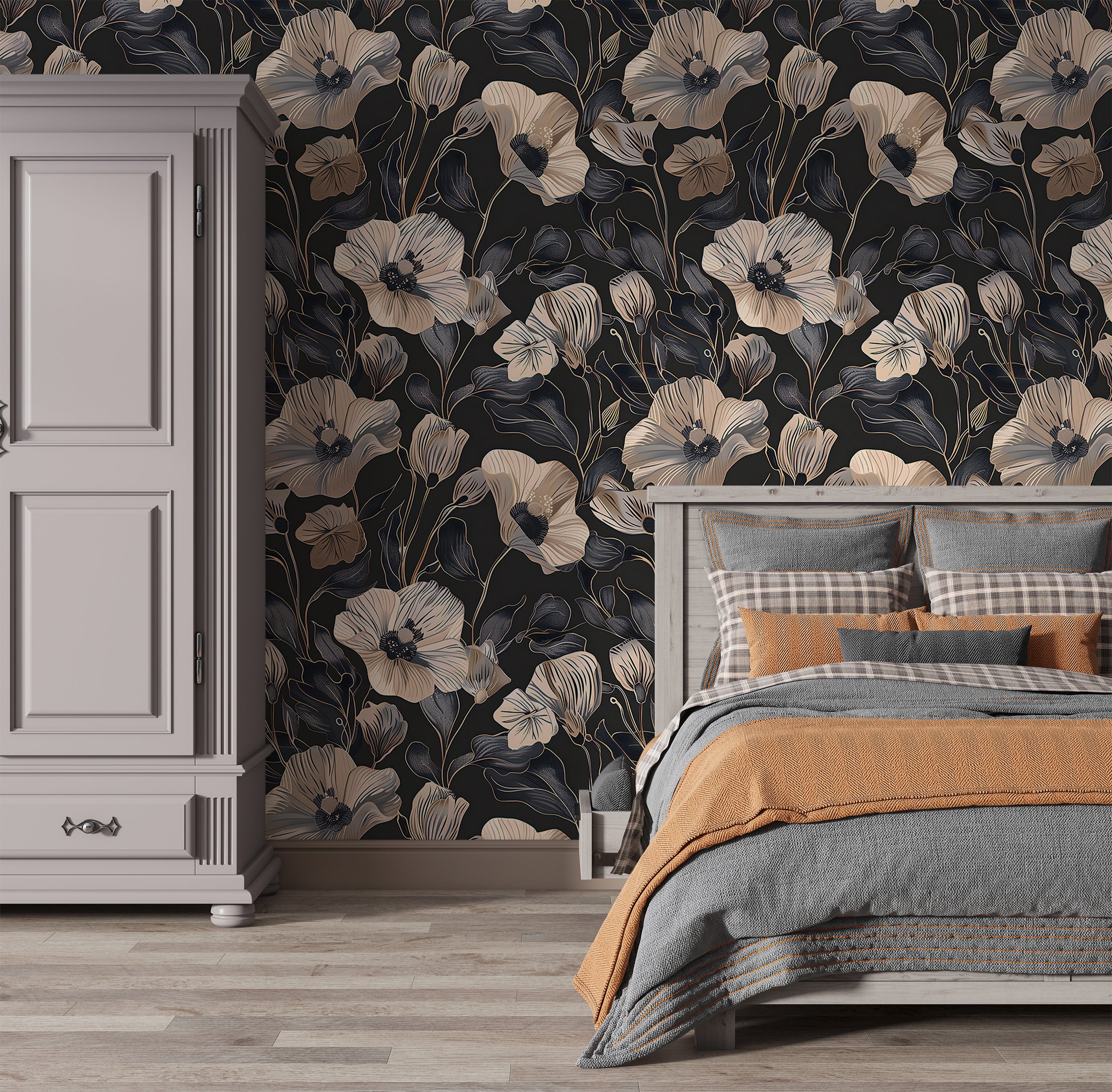 Dusty Rose and Dark Grey Floral Wallpaper, Peel and Stick Poppy Flowers Wall Decal, Removable Dark Botanical Decor, Pink & Black Flowers