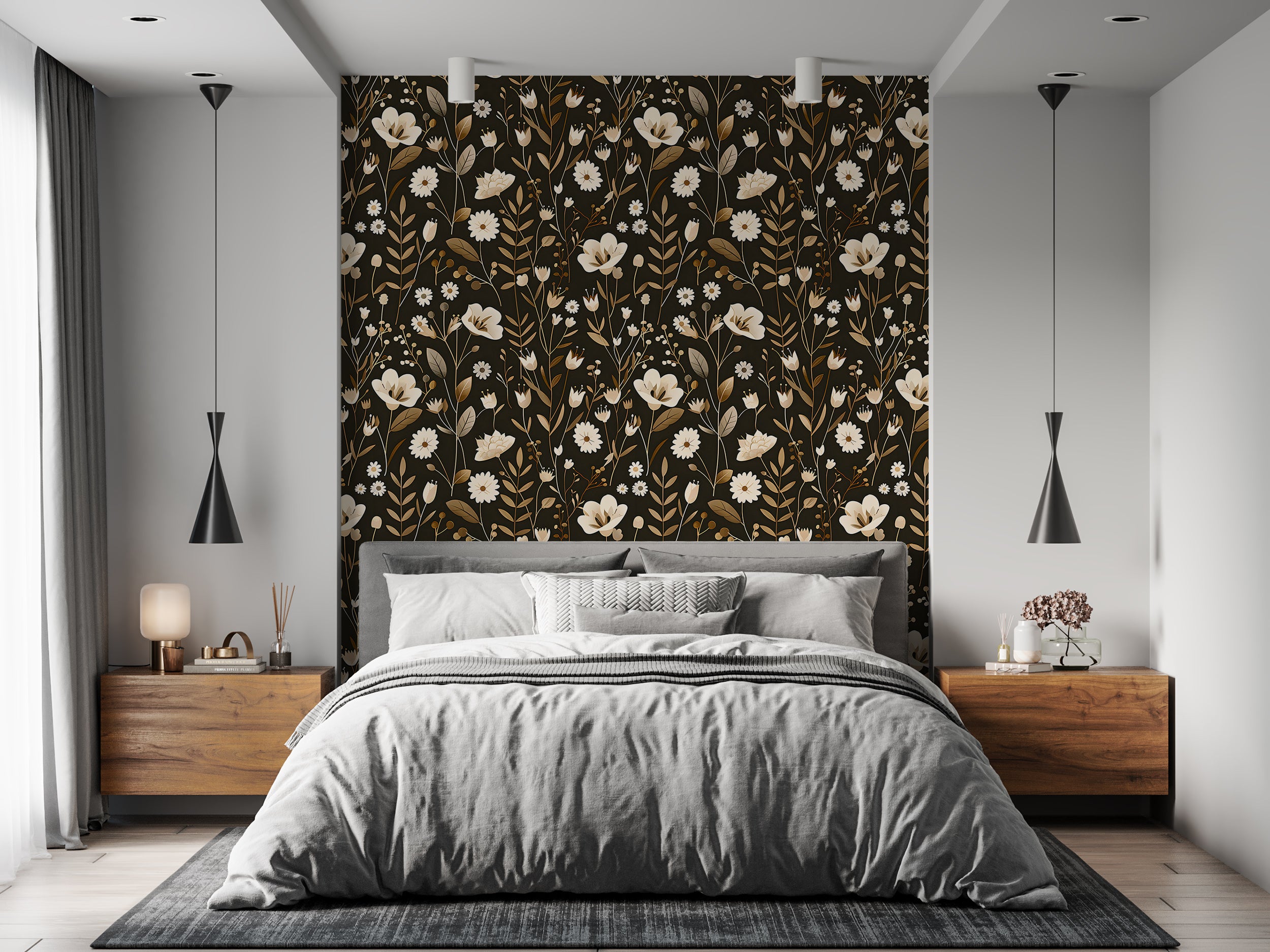 Dark Meadow Floral Wallpaper, White and Brown Botanical Decal, Wild Flowers Wallpaper, Peel and Stick Removable Vintage Flower Decal