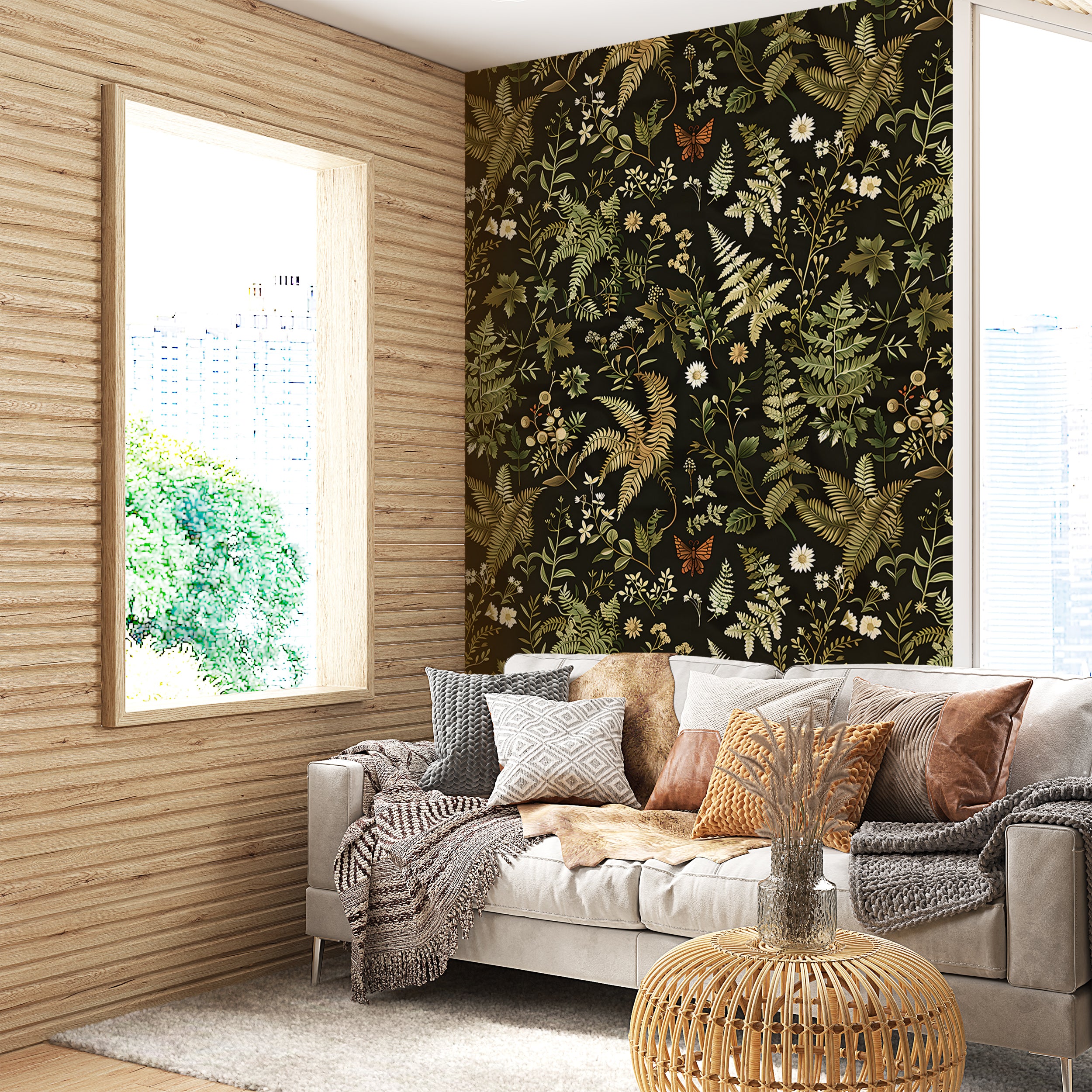 Dark Fern Botanical Pattern Wallpaper, Floral Leaves from Wild Forest Decal, Peel and Stick Removable Greenery Decor, PVC-free Black and Green