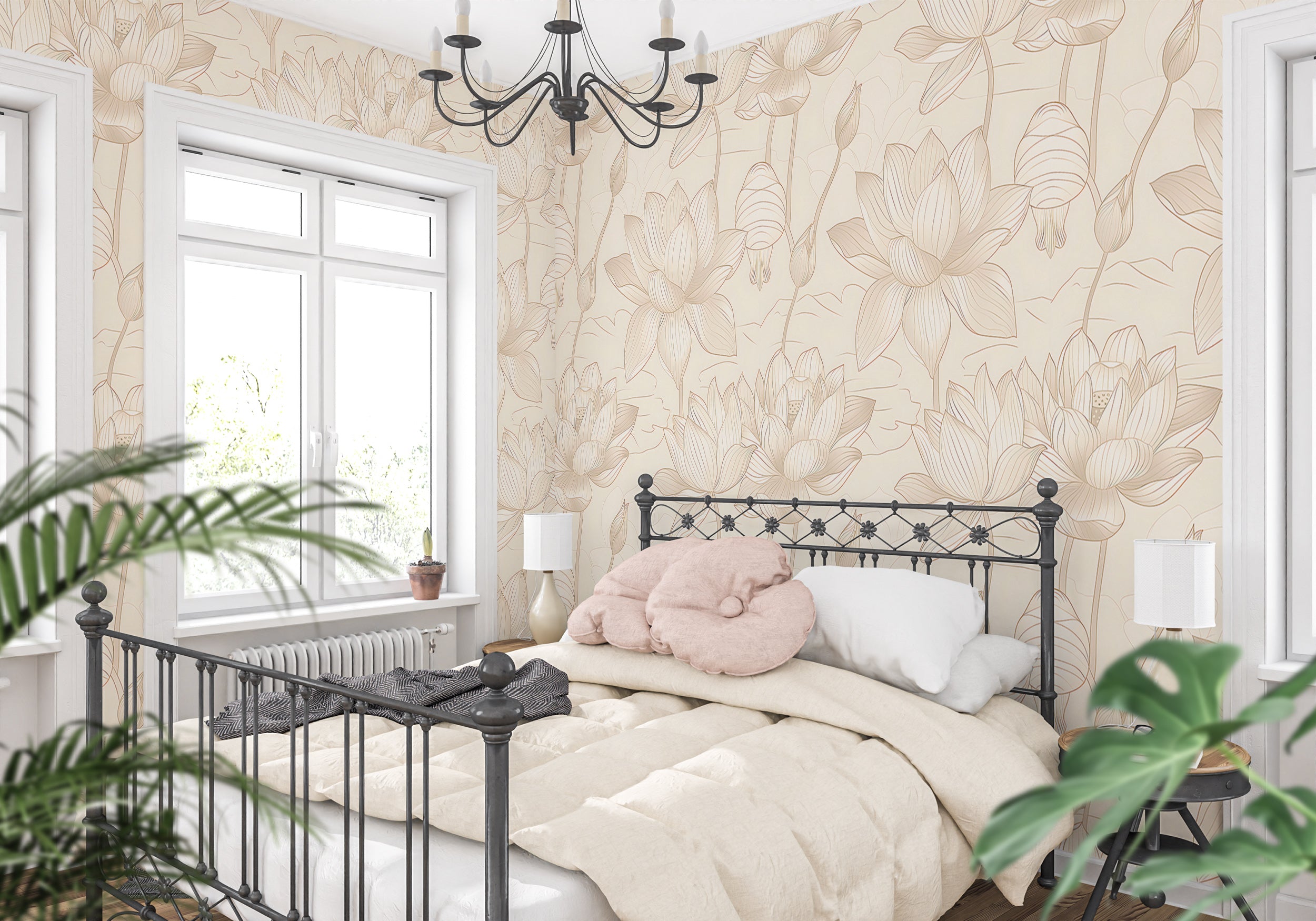 Beige Minimalistic Lotus Wallpaper, Peel and Stick Floral Wall Decal, Light Beige Lotus Pattern Wallpaper, Removable Botanical PVC-free Decor