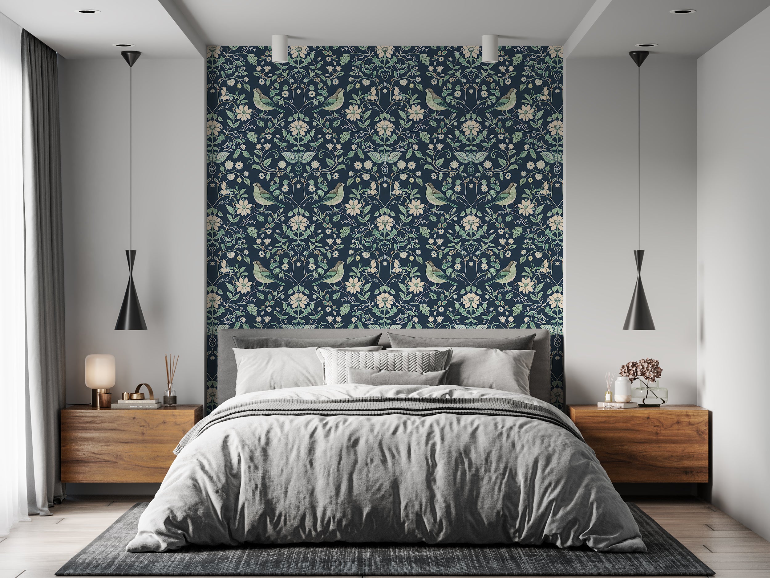 Mint and Navy Blue Chinoiserie Wallpaper, Peel and Stick Floral Wall Decal, Birds Flowers and Leaves Pattern Removable Wallpaper, Vintage Wall Art