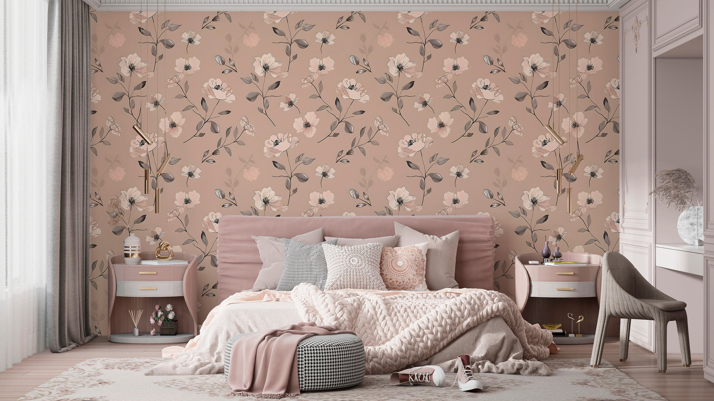 Watercolor Soft Pink Floral Wallpaper, Self-adhesive Dusty Rose Botanical Wall Decal, Meadow Flowers Removable Pastel Colors Wall Decor