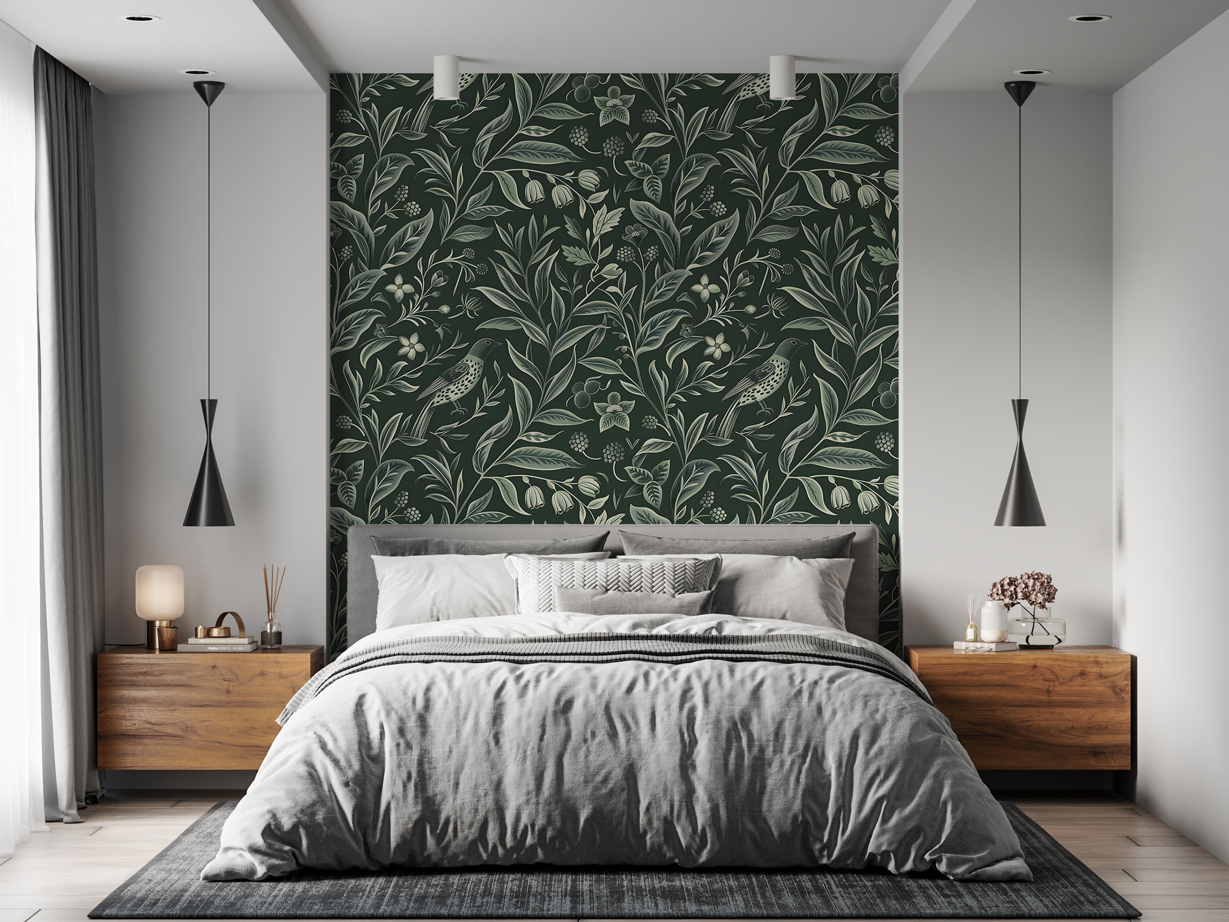 Vintage Green Floral Wallpaper, Dark Green Botanical Classic Wall Decal, Peel and Stick Chinoiserie Wallpaper, Removable Bird and Leaves Pattern