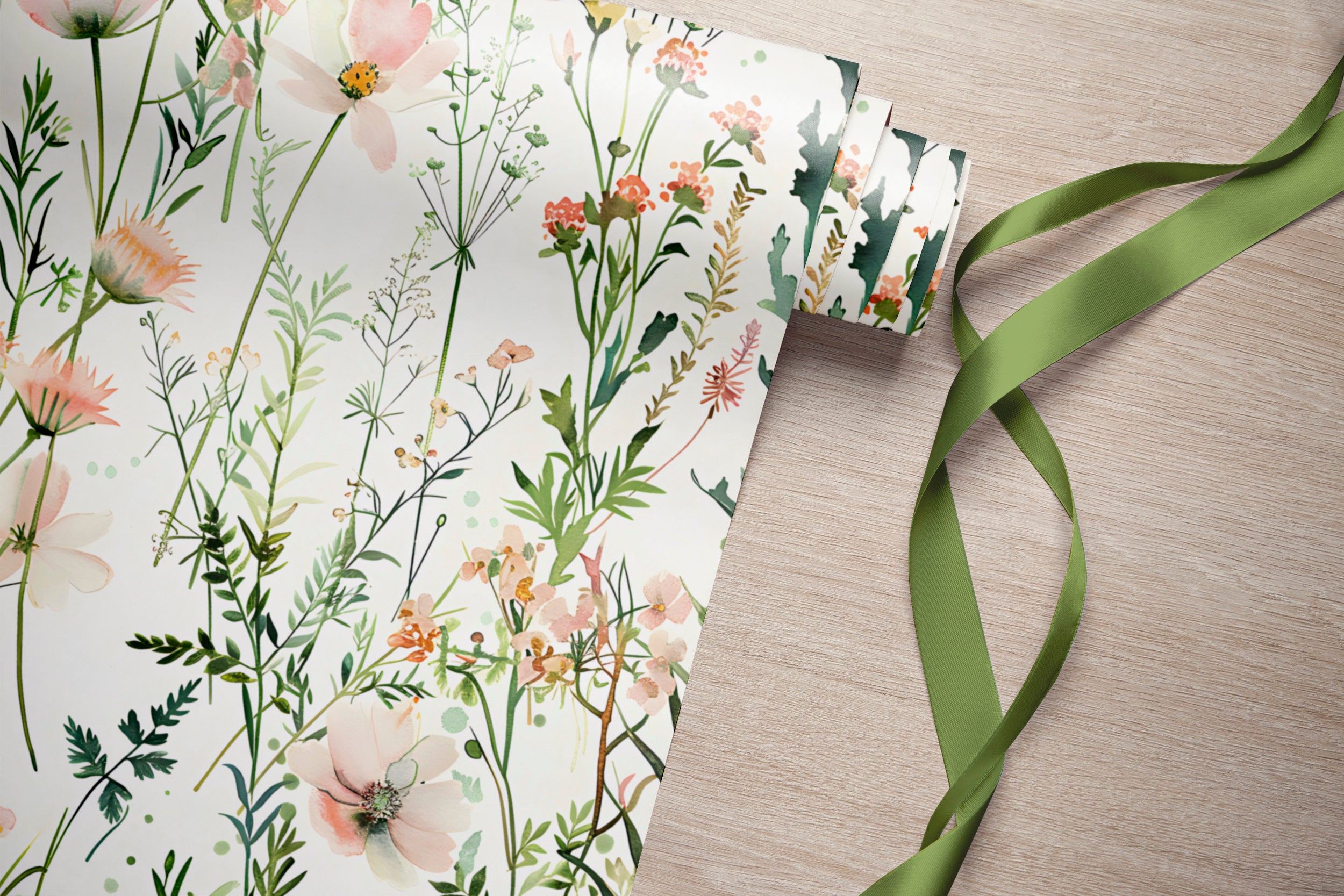 Wild Floral Wallpaper, Pastel Pink and Green Botanical Pattern, Watercolor Meadow Flowers Decal, Peel and Stick Minimalistic Light Floral Decor