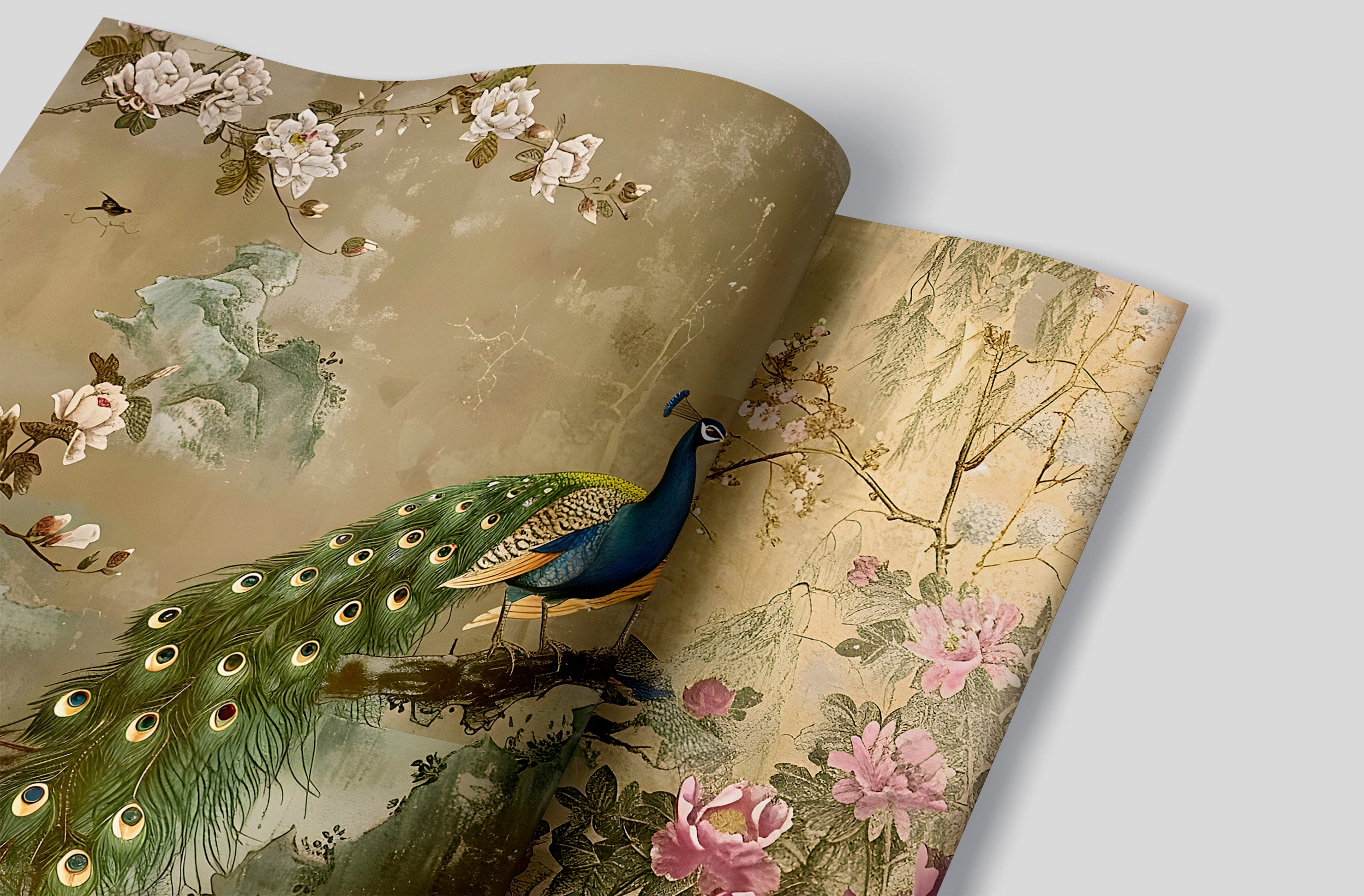 Chinoiserie Wallpaper, Colorful Peacock Wall Mural, Removable Vintage Golden Floral Wallpaper, Peel and Stick Classic Mural With Flowers and Birds