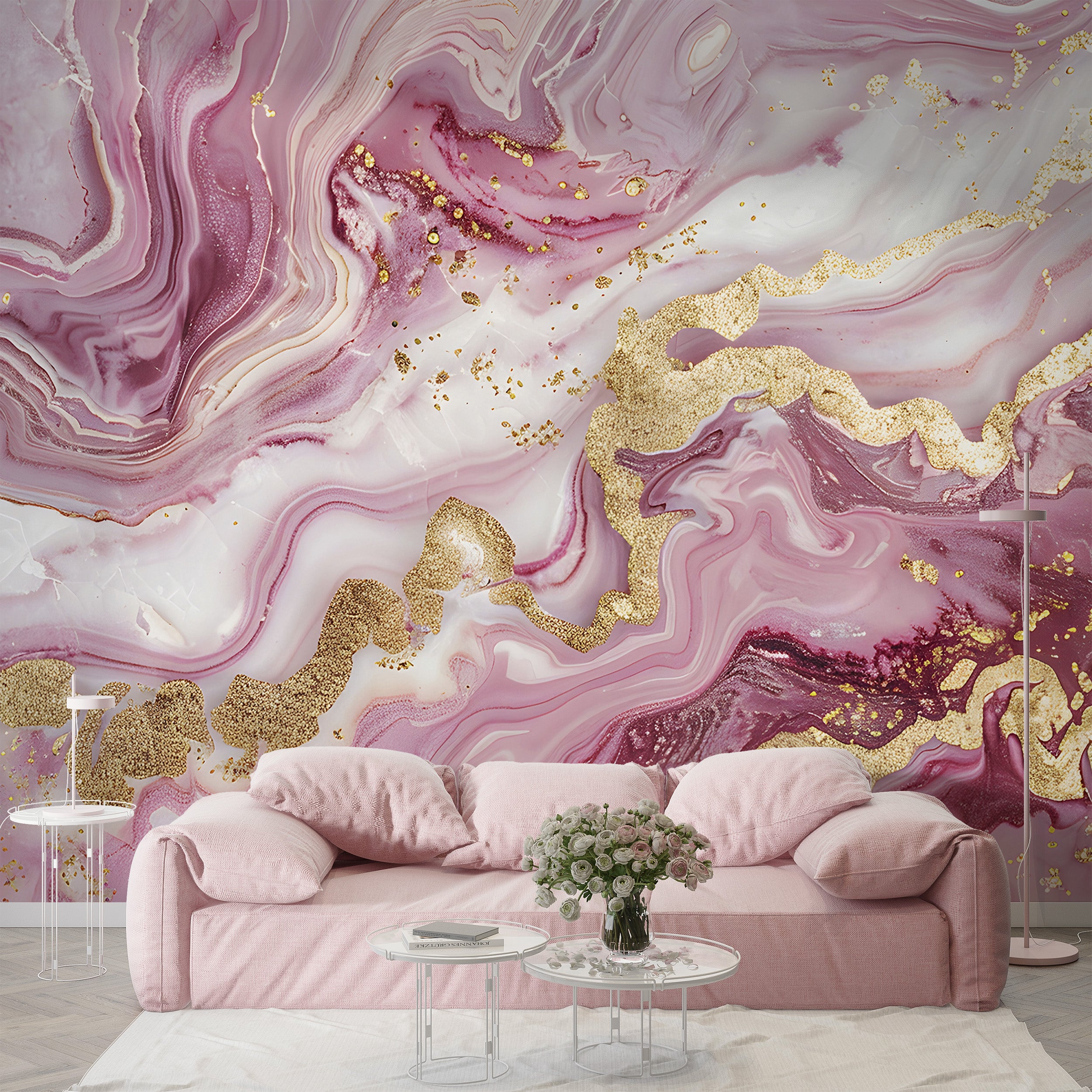 Pink and Gold Alcohol Ink Mural, Peel and Stick Abstract Wallpaper, Removable Modern Marble Texture Wall Decor, Unique Accent Wallpaper