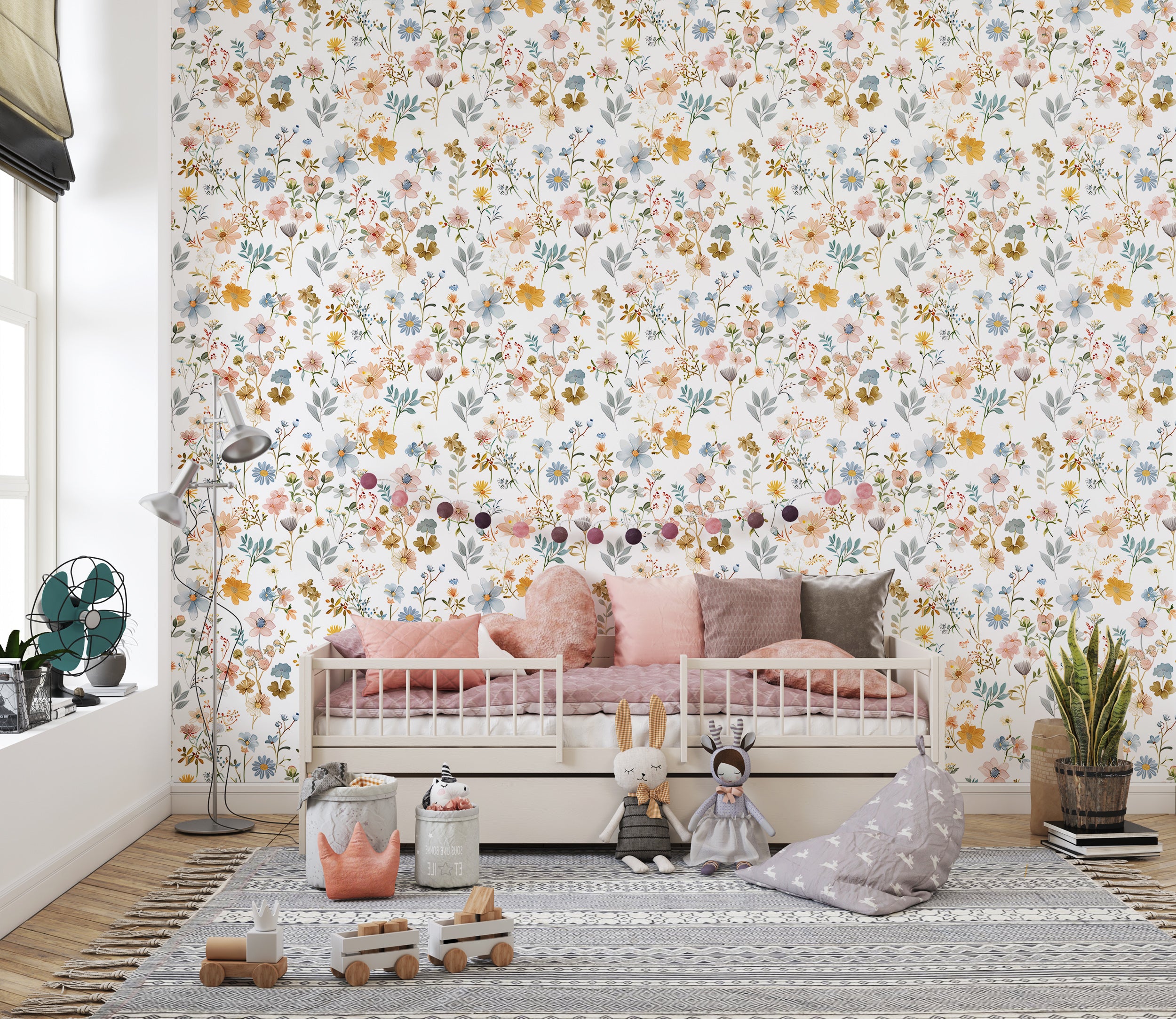 Soft Multi Color Floral Wallpaper, Pastel Meadow Flowers Wall Decal, Peel and Stick Light Botanical Wallpaper, Removable Field Wild Flower Pattern