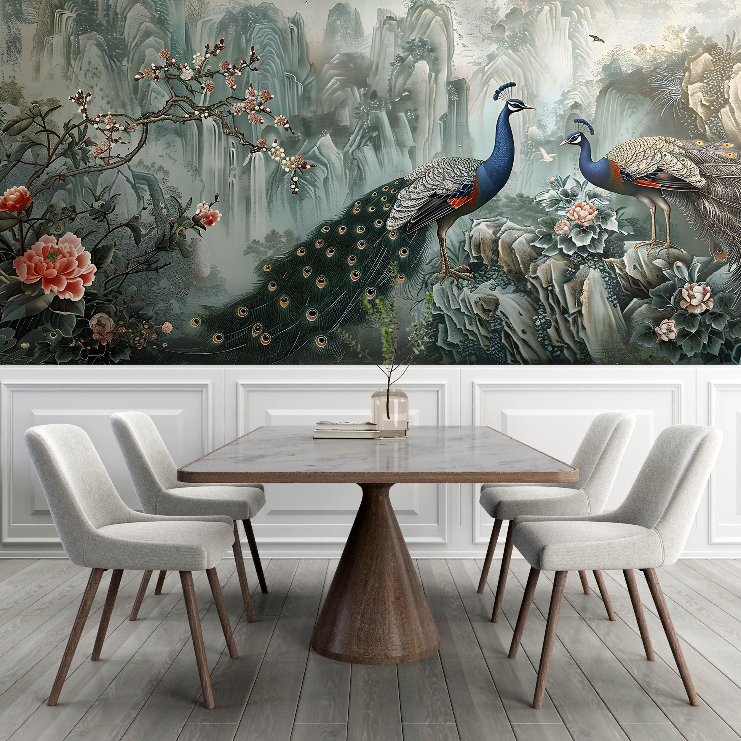 Green Chinoiserie Wallpaper, Peacock Wall Mural, Peel and Stick Abstract Chinese Art, Removable Vintage Decor with Birds and Flowers